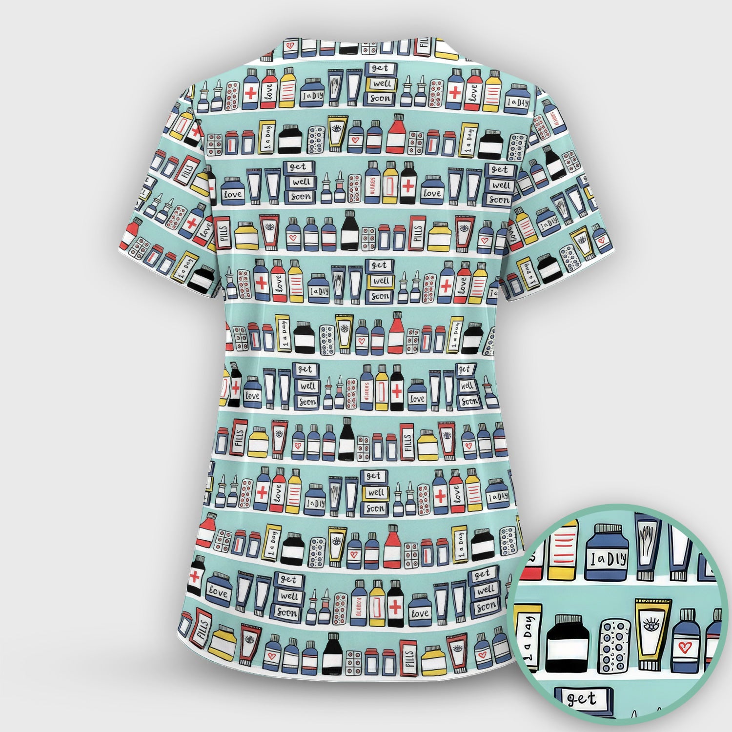 Medicine Bottle Pharmacy Pills Care Pattern Scrub Set, Scrub Pants and V Neck Top