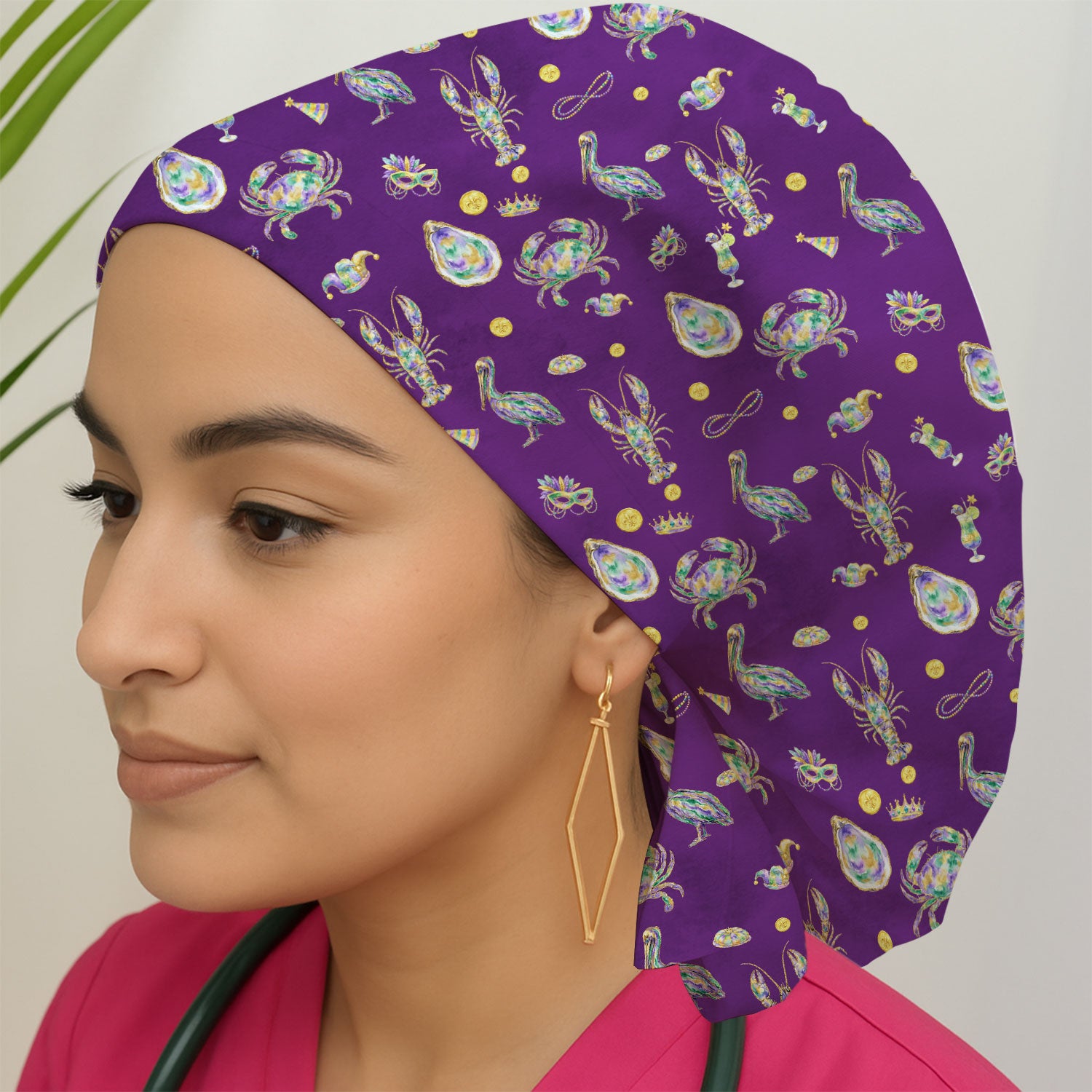 Mardi Gras Seafood Nurse Scrub Cap, Comfortable Uniform Scrubs For Nursing