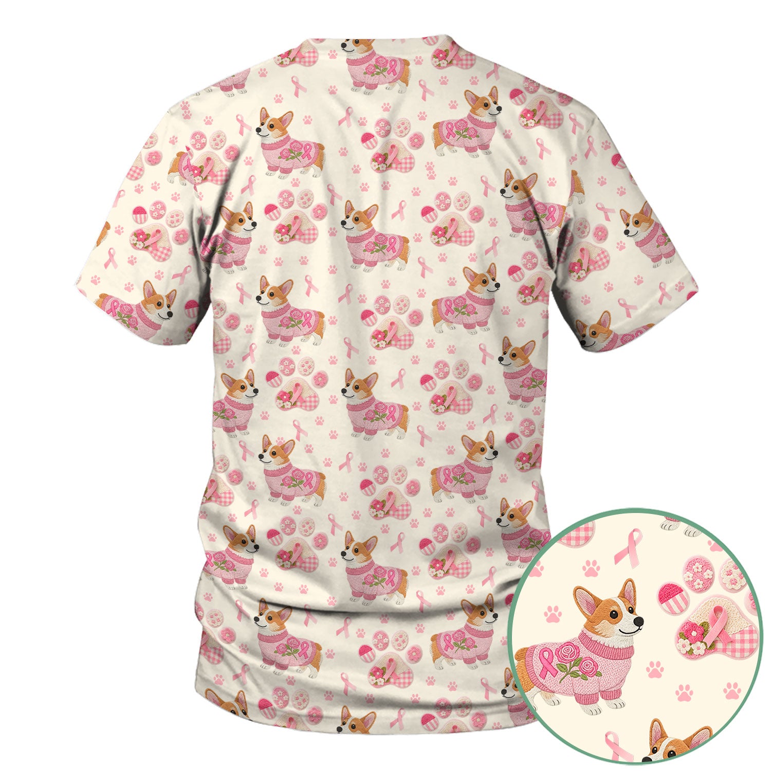 Floral Corgi Scrub Top for Women - Cute Dog Paw Print with Pink Ribbon Shirt - Breast Cancer Awareness October Gift