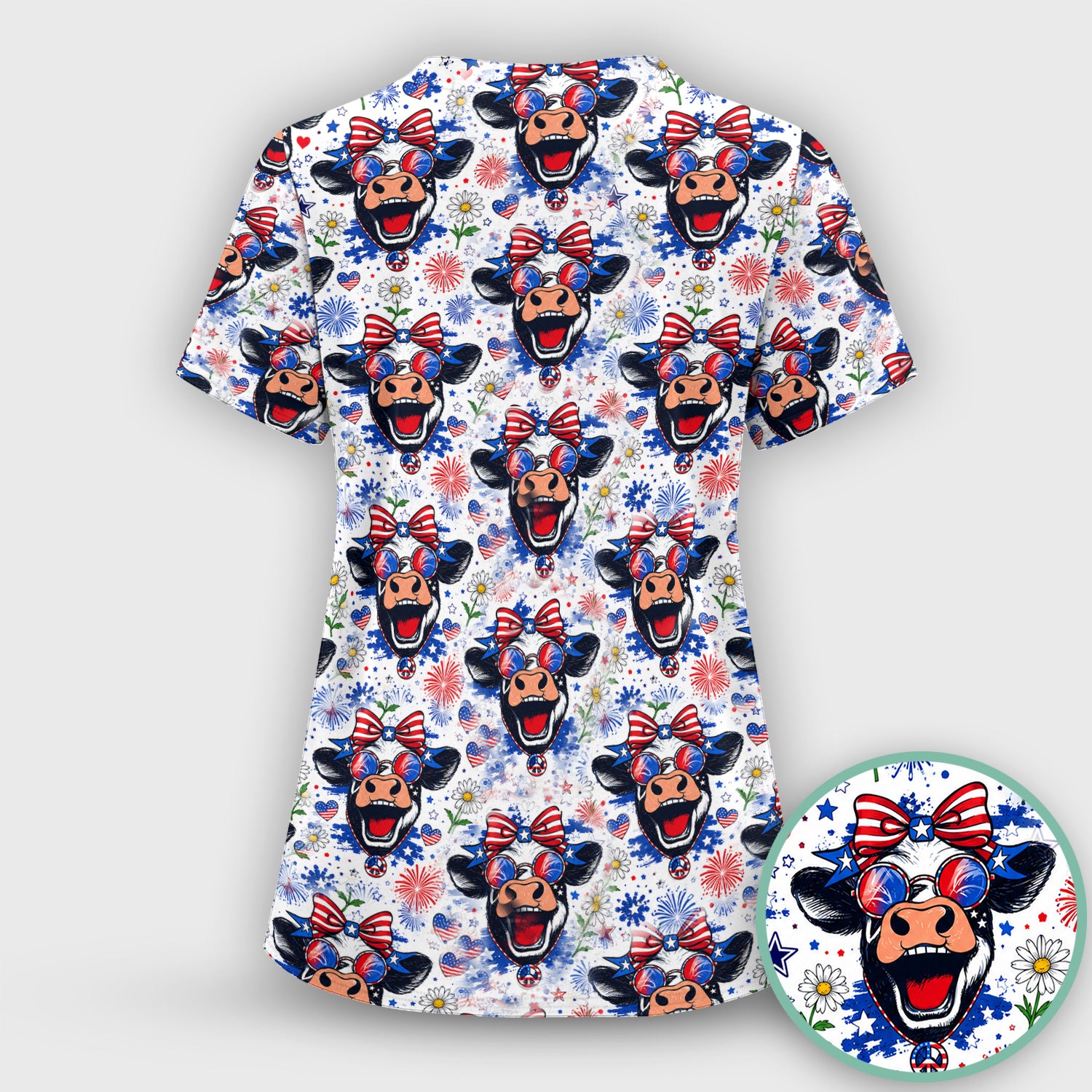 Funny Patriotic Cow Nurse Print Scrub Set, Scrub Pants and V Neck Top