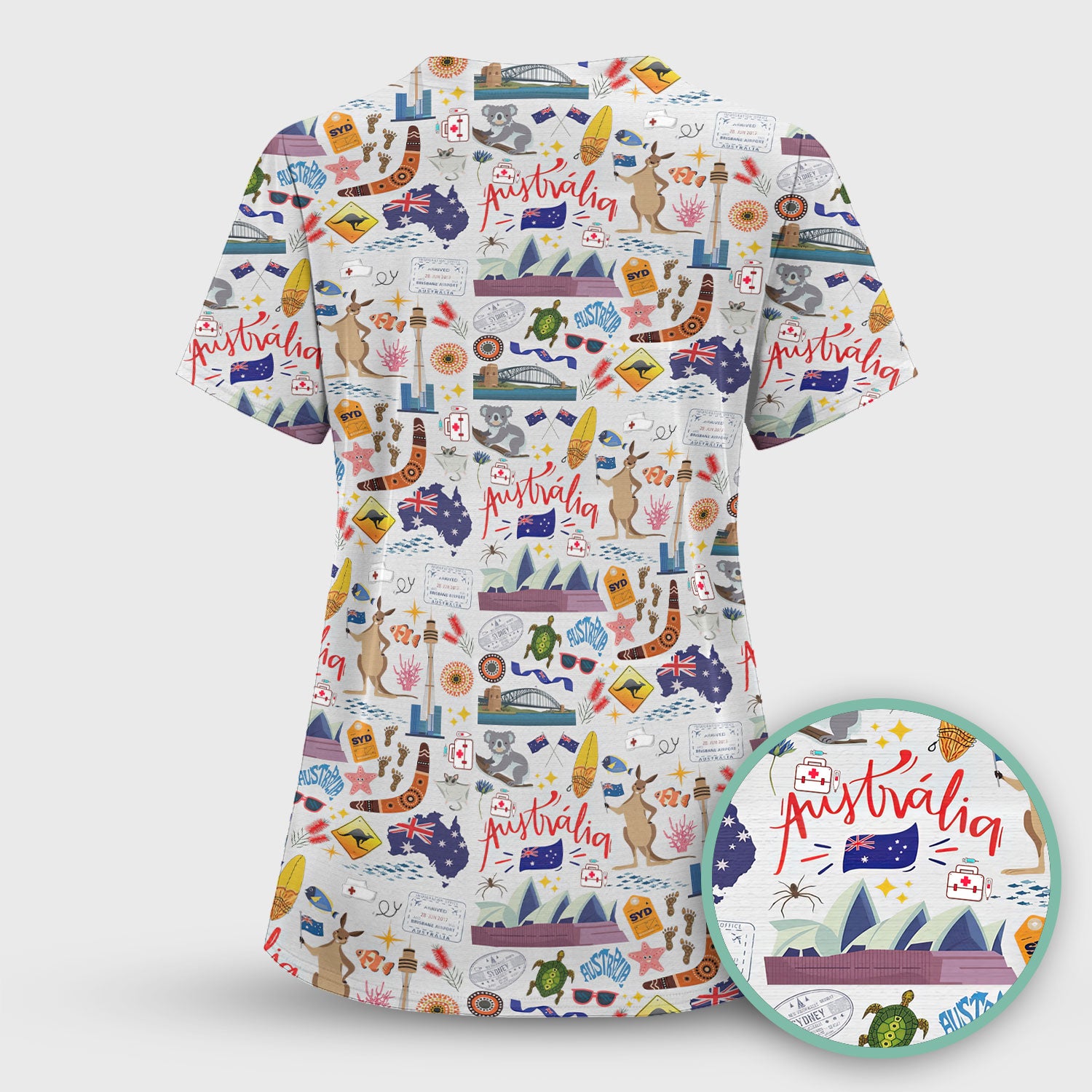 Australia Scrub Top for Women - Aussie Icons with Kangaroo Koala Opera House - Travel Medical Uniform Gift for LPN RN CNA
