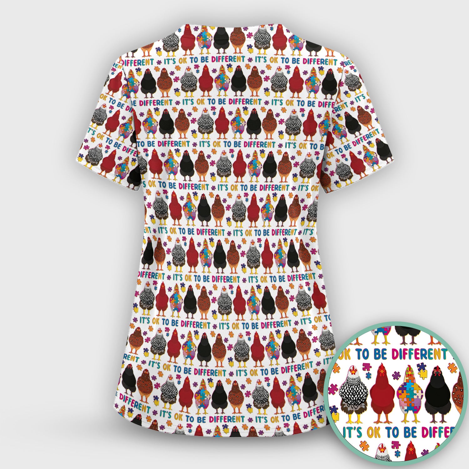 Autism Chicken It’s OK to Be Different Print Scrub Top, Comfortable Scrubs for Nurses