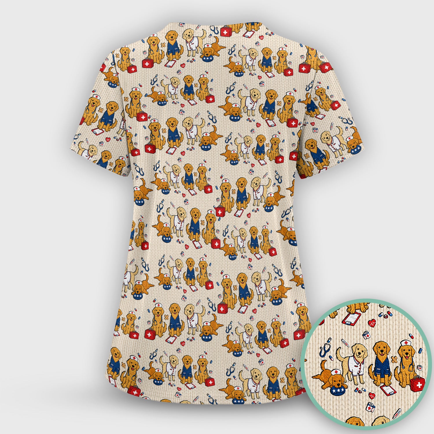 Golden Retriever Nurse Dog Pattern Scrub Top, Breathable Fabrics Nursing Uniform Scrub Set, Scrub Pants and V Neck Top