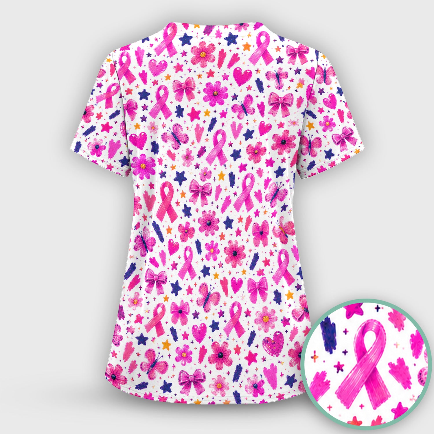 Pink Ribbon Floral Pattern Scrub Top, Comfortable Scrubs for Nurses