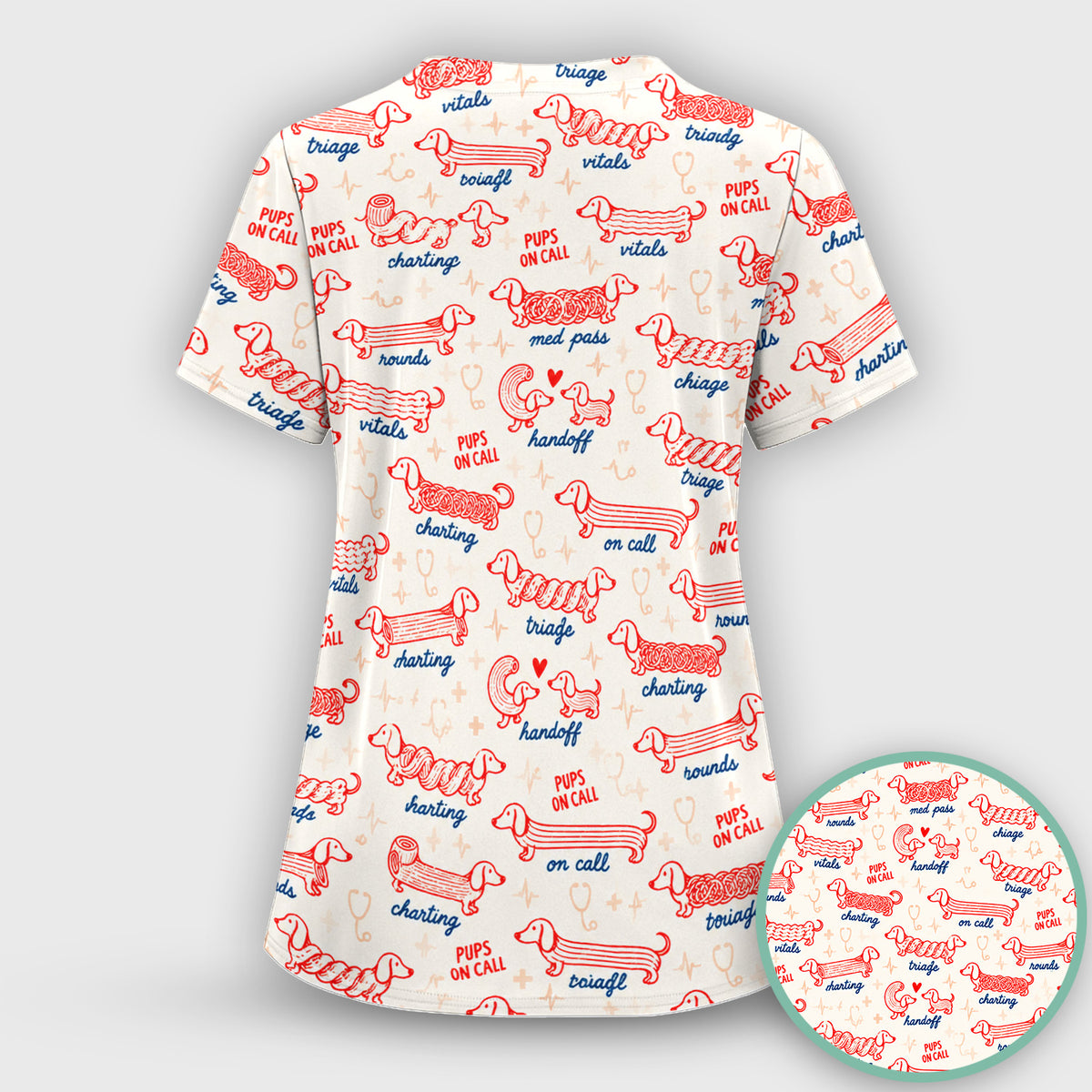 Cute Pups On Call Dachshund Pattern Scrub Top, Comfortable Scrubs for Nurses