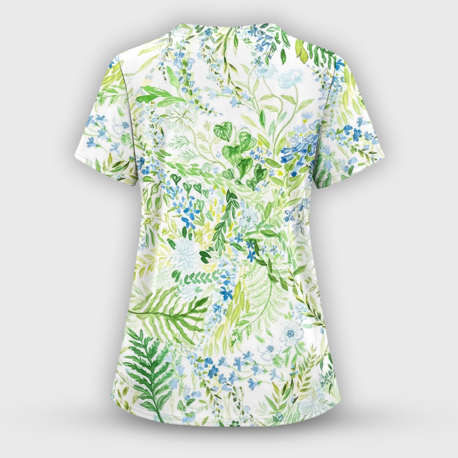 Green Botanical Floral Pattern Scrub Top, Breathable Healthcare Uniform Top