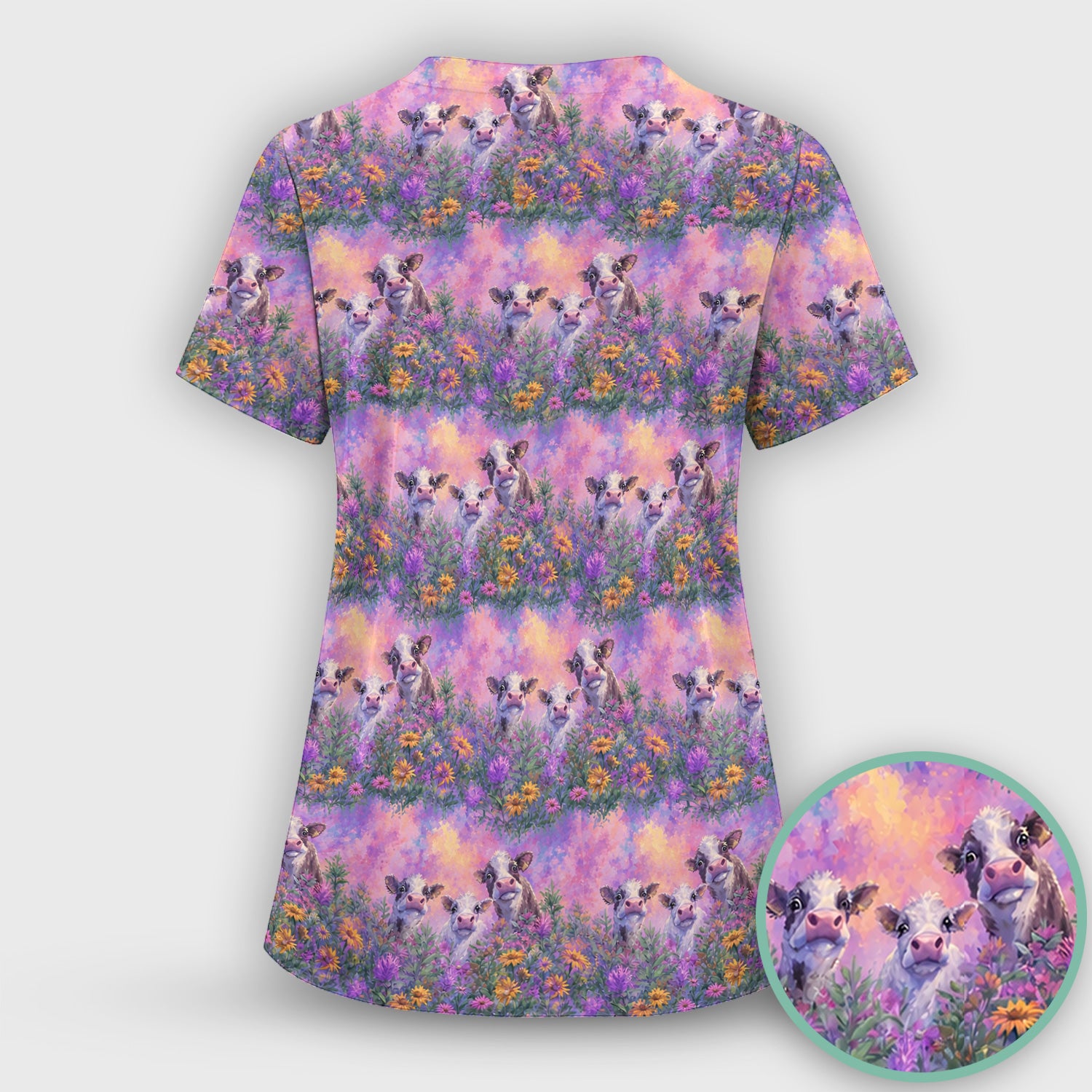 Pastel Cow Meadow Flower Pattern Scrub Top, Comfortable Scrubs for Nurses