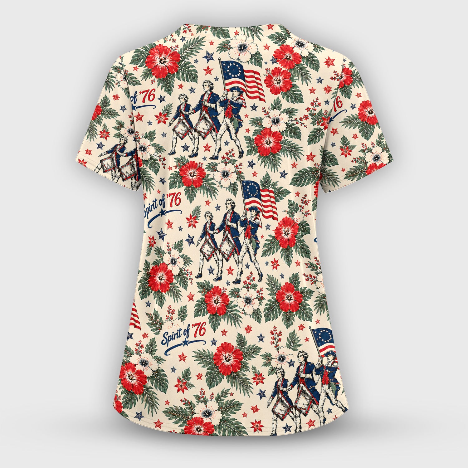 Vintage 1776 Patriot with Floral Flag Scrub Set, Scrub Pants and V Neck Top