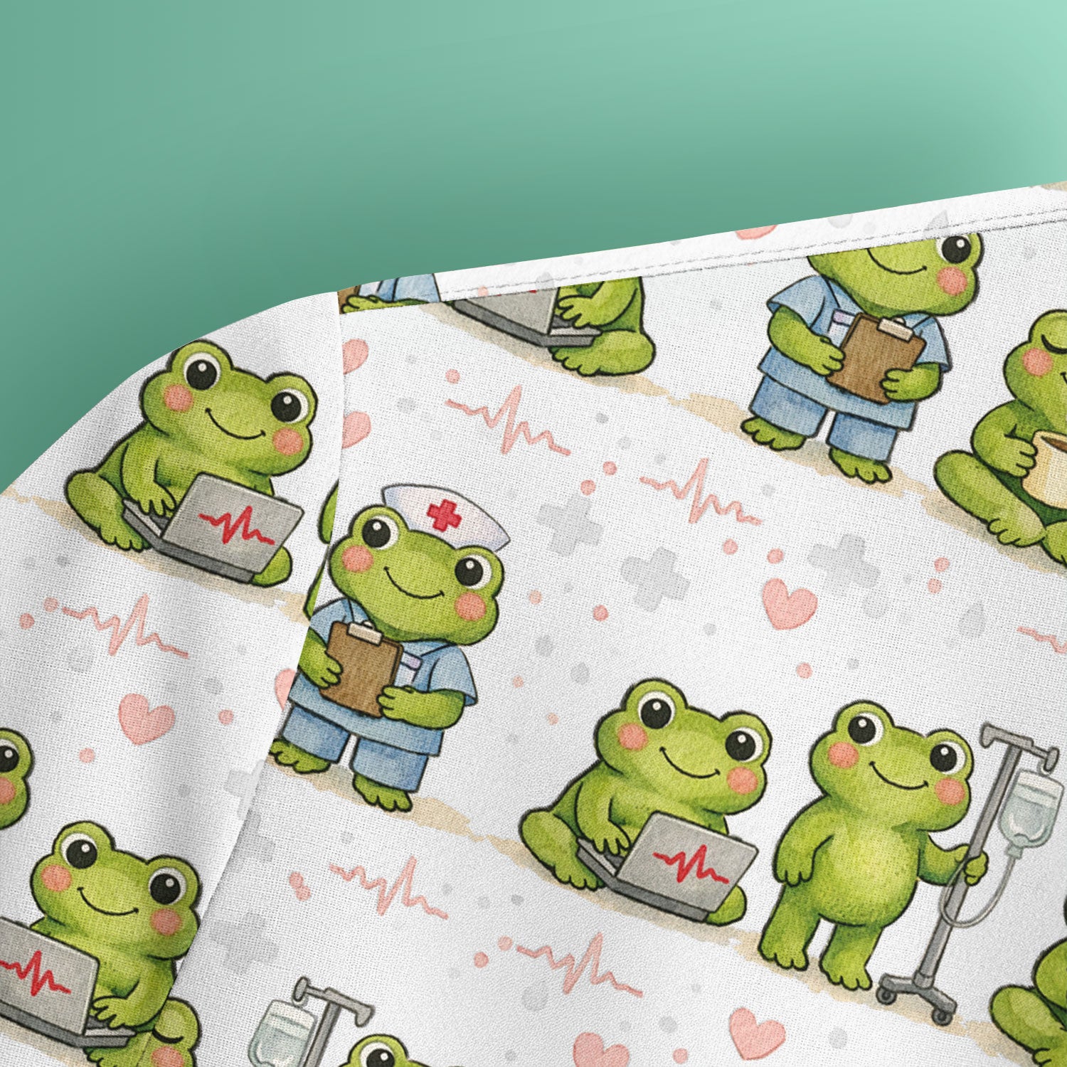 Adorable Frog Nurse Various Poses Print Scrub Top, Comfortable Scrubs for Nurses