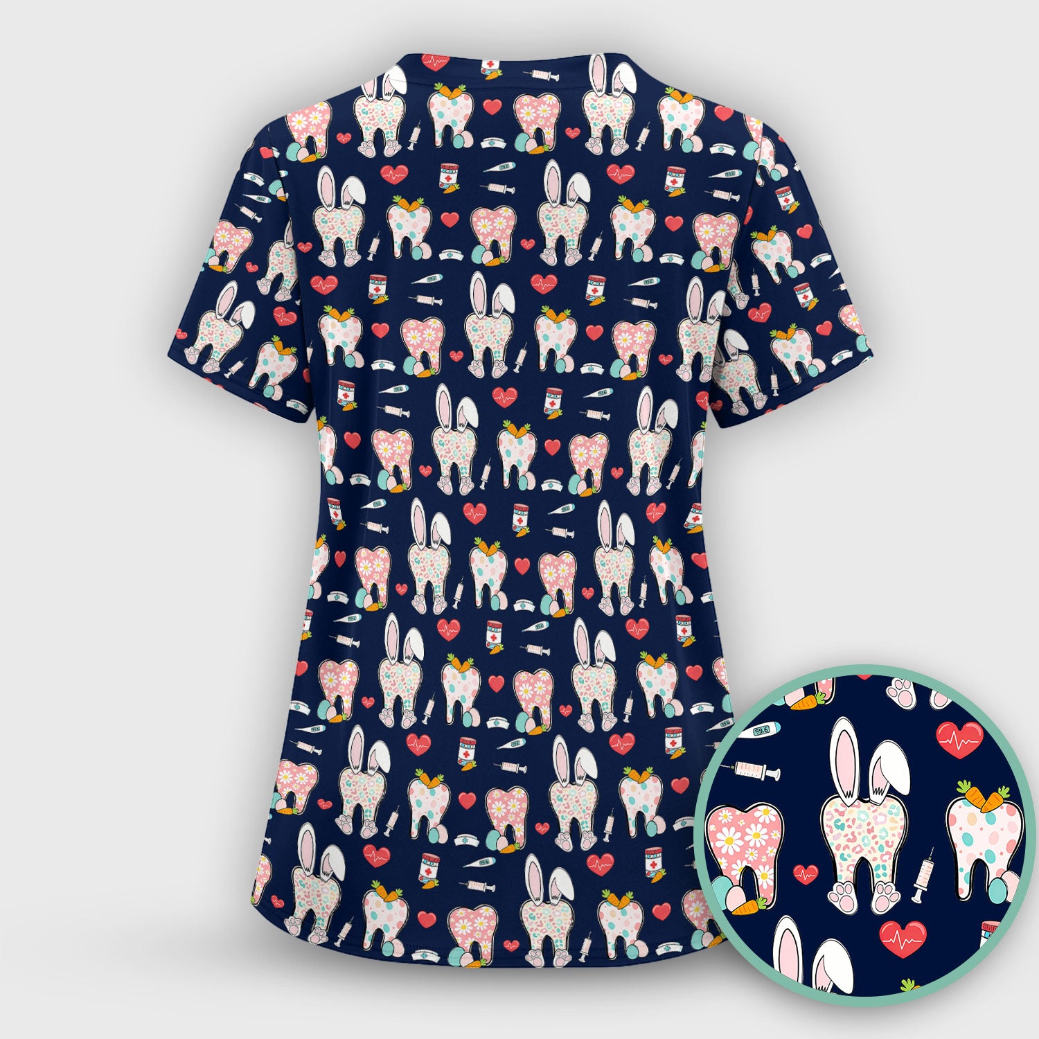Playful Bunny Dentist Illustration Medical Scrub Top, Comfortable Scrubs for Nurses, Easter