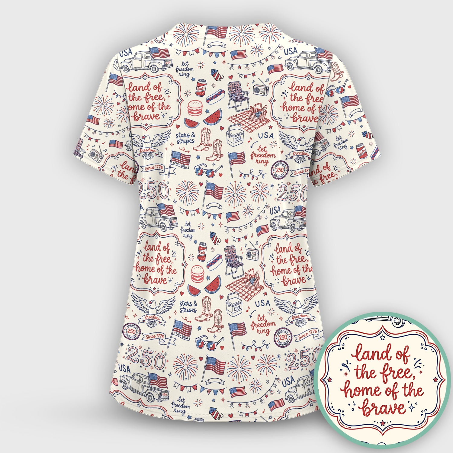 Vintage USA Freedom Print Scrub Set, Scrub Pants and V Neck Top