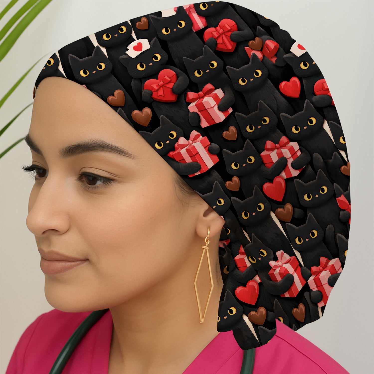 Black Cat Valentine Nurse Scrub Cap, Heart Pattern Medical Hat, Breathable Fabrics Nursing Uniform