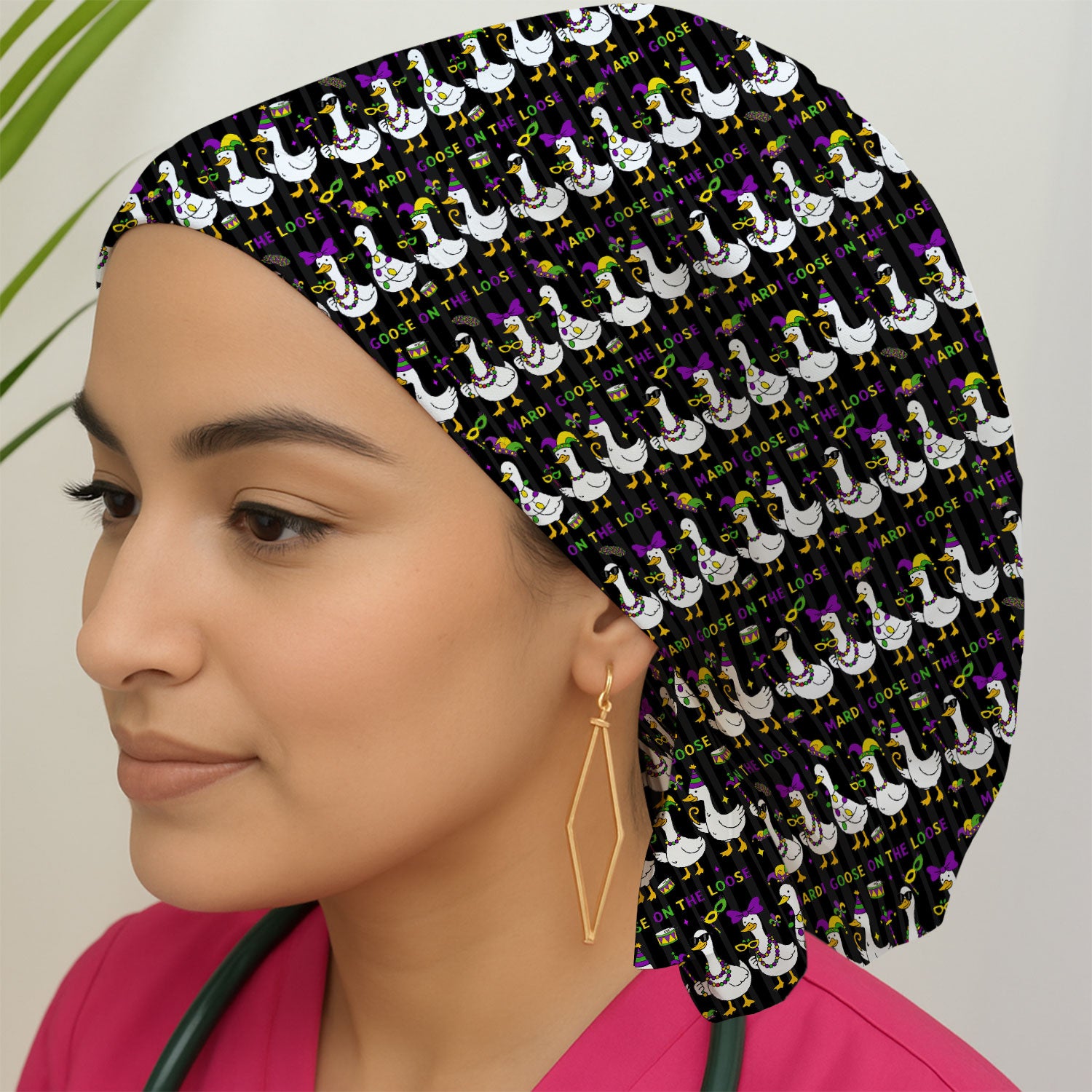 Mardi Gras Goose Nurse Scrub Cap, Funny Carnival Medical Pattern Nurse Hat, Breathable Fabrics Nursing Uniform