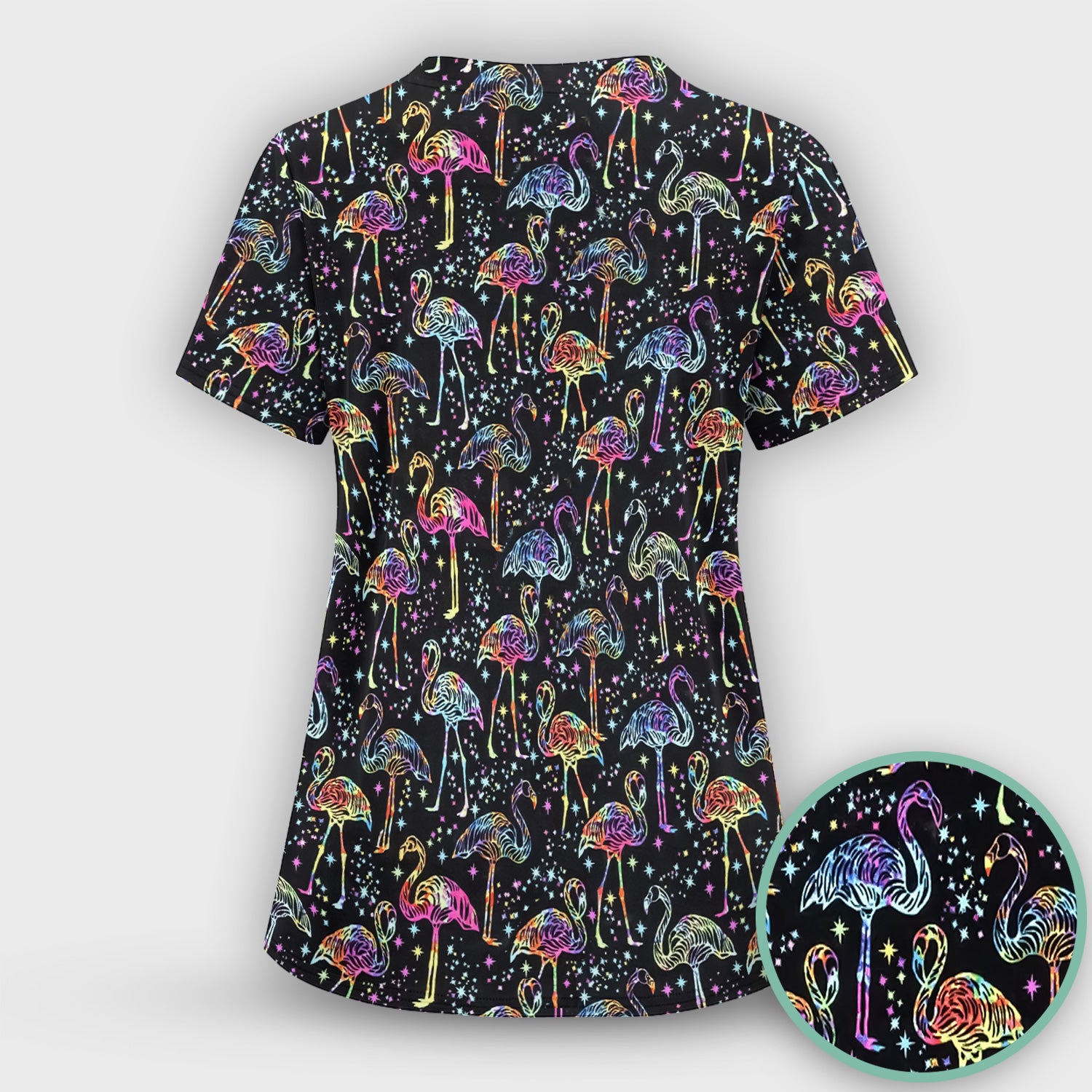 Neon Flamingo Starry Night Pattern Scrub Top, Comfortable Scrubs for Nurses