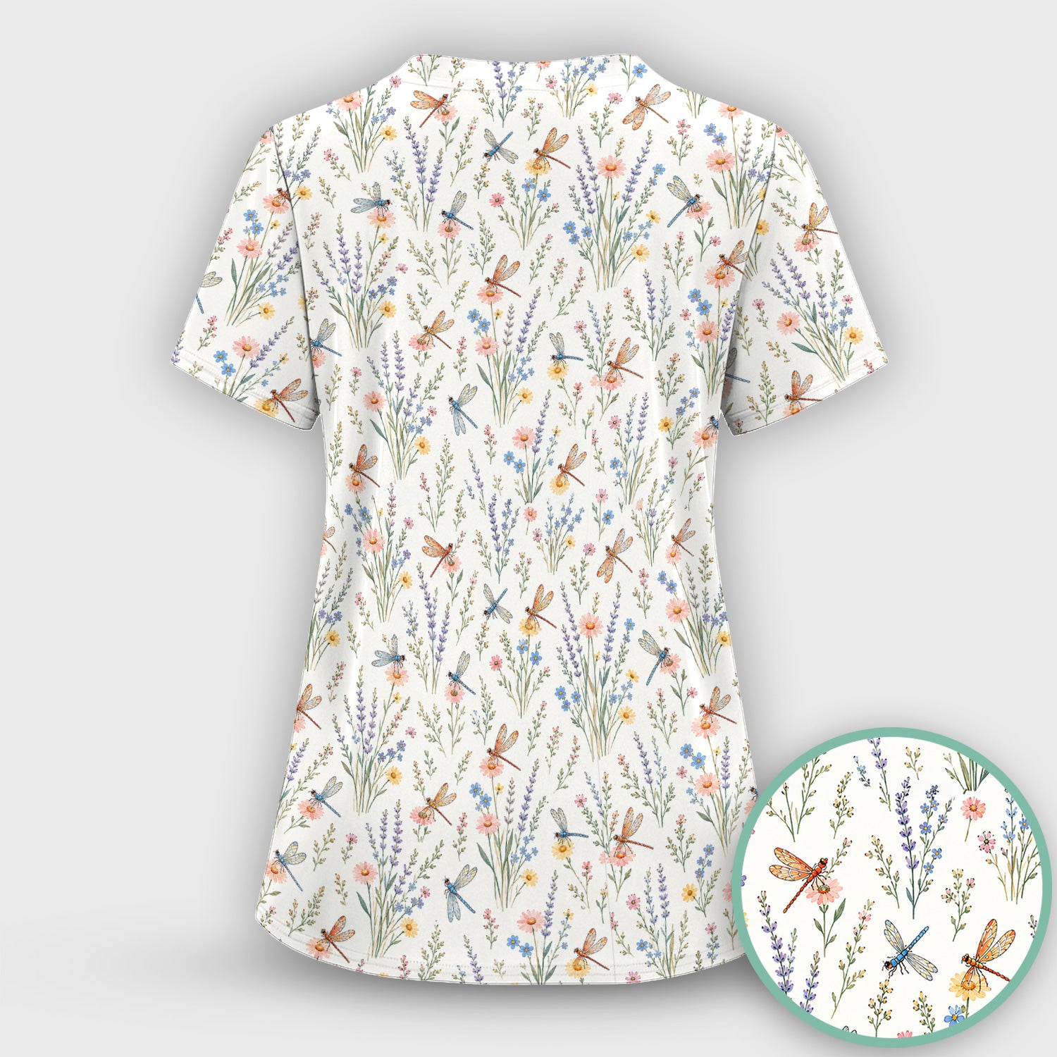 Dragonfly Wildflower Meadow Pattern Scrub Top, Comfortable Scrubs for Nurses
