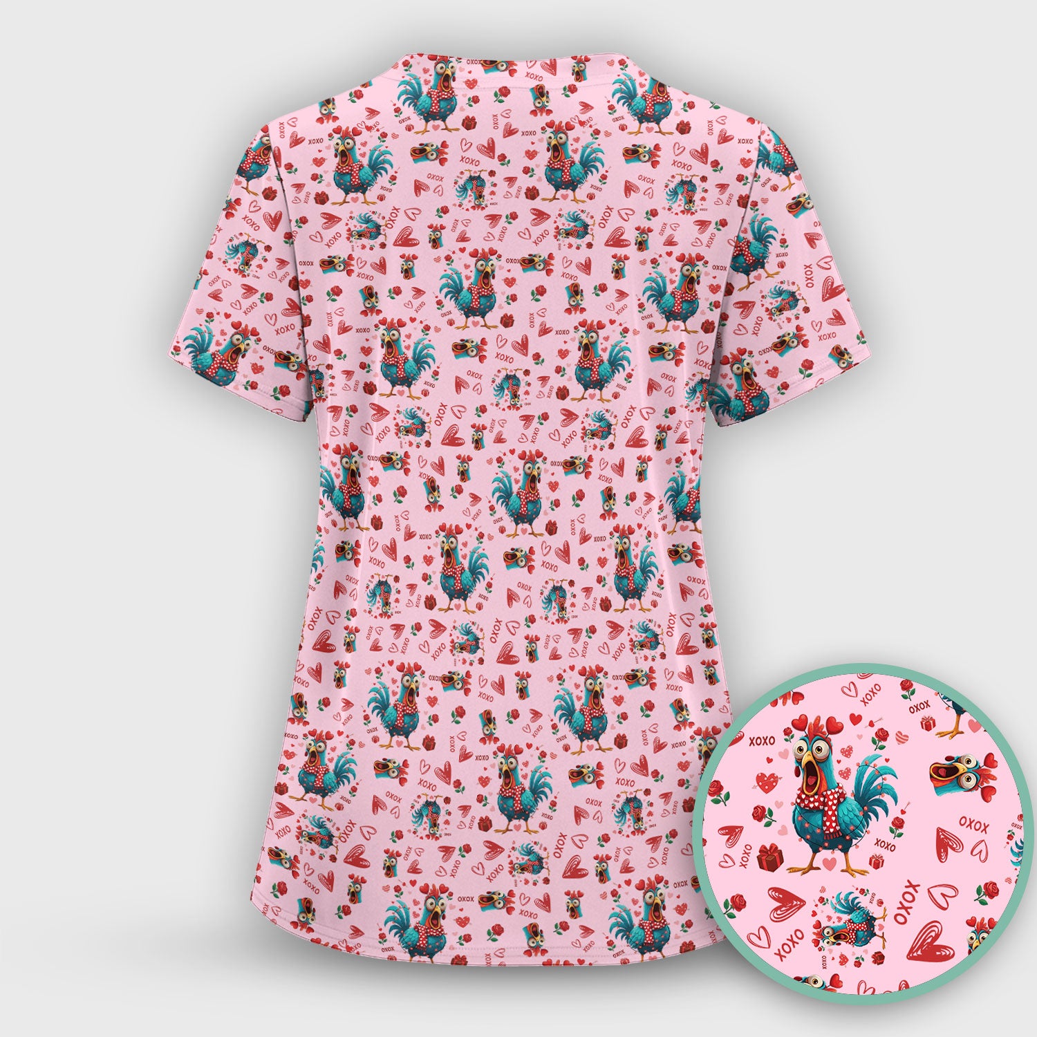 Funny Rooster Valentine Scrub Set, Cute Chicken XOXO Heart Pattern Nurse Shirt, Breathable Fabrics Nursing Uniform