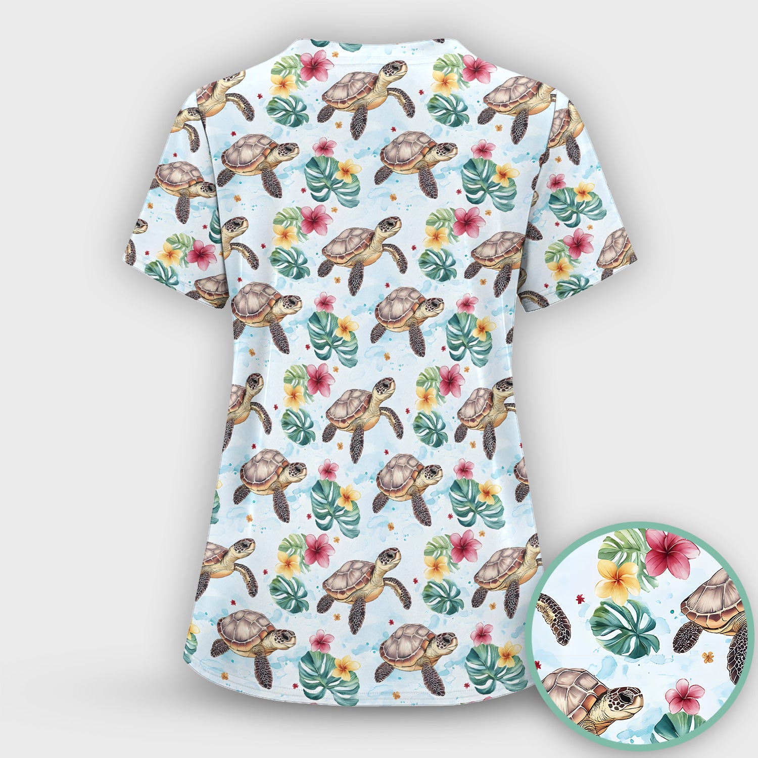 Sea Turtle Tropical Floral Pattern Scrub Top, Comfortable Scrubs for Nurses