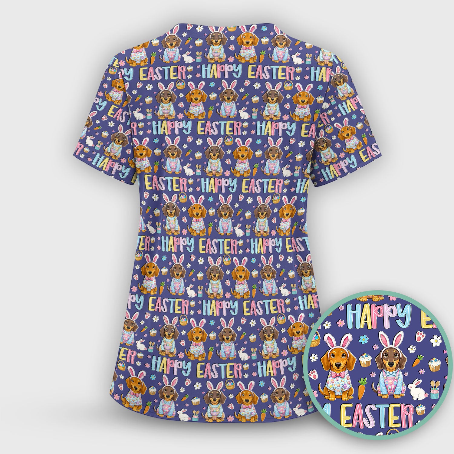 Happy Easter Dachshund Bunny Print Scrub Top, Comfortable Scrubs for Nurses