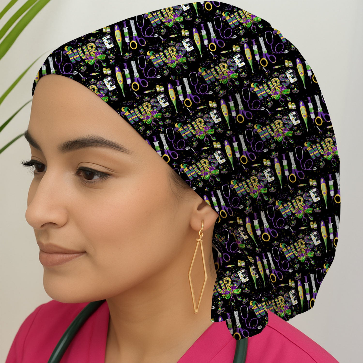 Mardi Gras Nurse Scrub Cap, Holiday Medical Pattern Nurse Hat, Breathable Fabrics Nursing Uniform