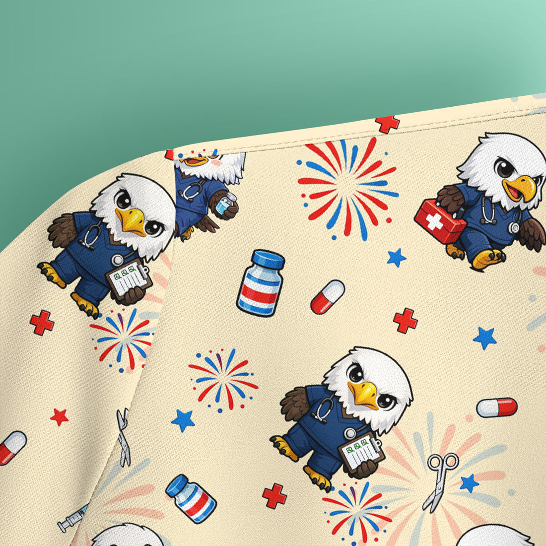 Patriotic Nurse Eagle Fireworks Medical Pattern Scrub Top, Breathable Fabrics Nursing Uniform