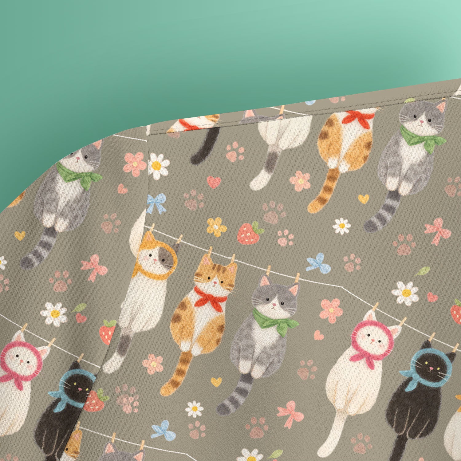 Cute Cat Clothesline Pattern Scrub Top, Comfortable Scrubs for Nurses