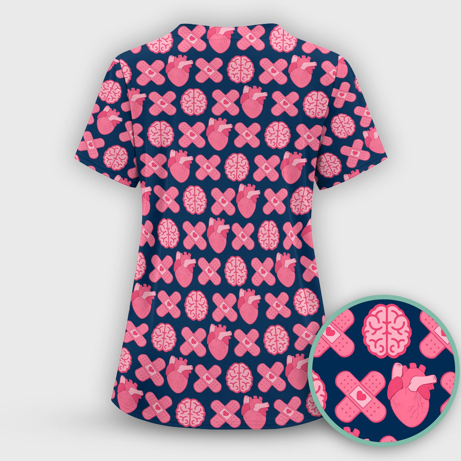 Heart & Brain Medical Icon Pattern Scrub Set, Scrub Pants and V Neck Top