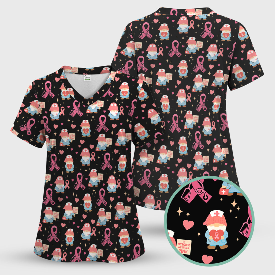 Breast Cancer Awareness Nurse Scrub - Pink Ribbon Nursing Top with Gnome - Gift for Healthcare Workers RN LPN