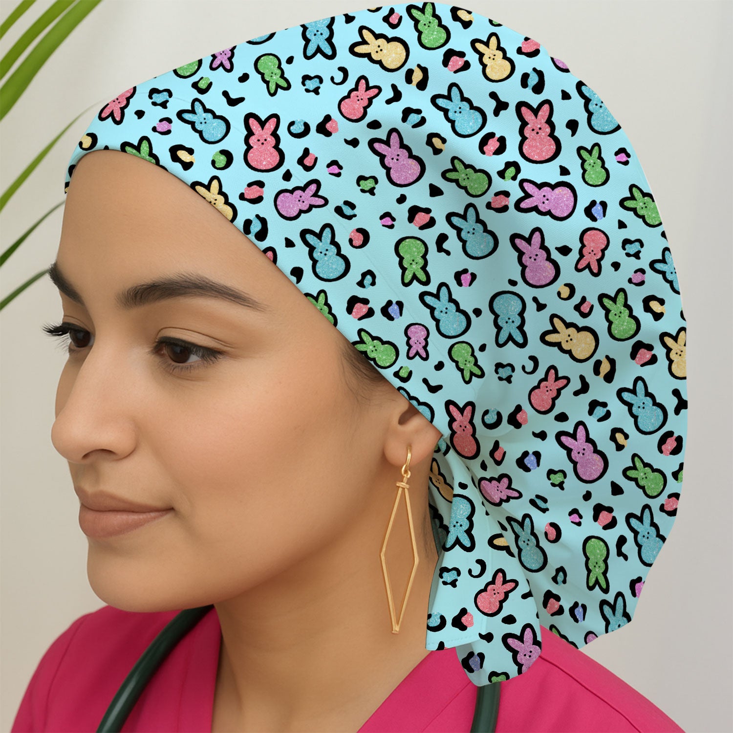 Cute Easter Bunny Pastel Pattern Print Cap, Bouffant Scrub Caps for Women