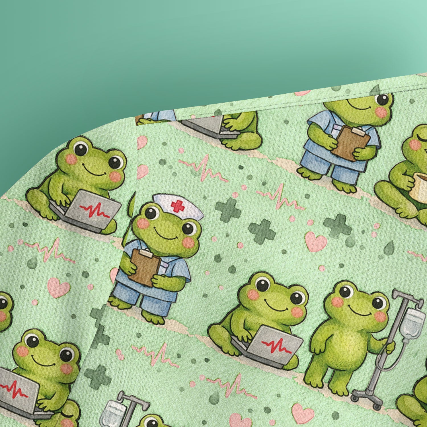 Adorable Frog Nurse Various Poses Print Scrub Top, Comfortable Scrubs for Nurses