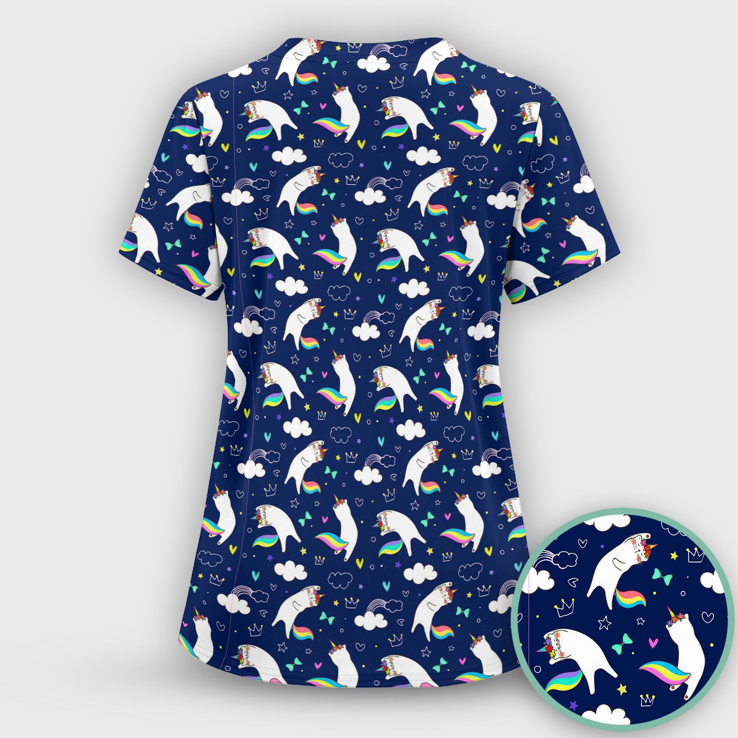 Unicorn Cat With Rainbow Tail Clouds Scrub Set, Scrub Pants and V Neck Top