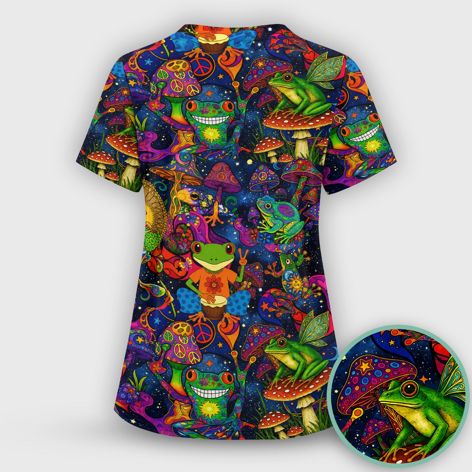 Psychedelic Frog with Mushroom Peace Print Scrub Top, Comfortable Scrubs for Nurses