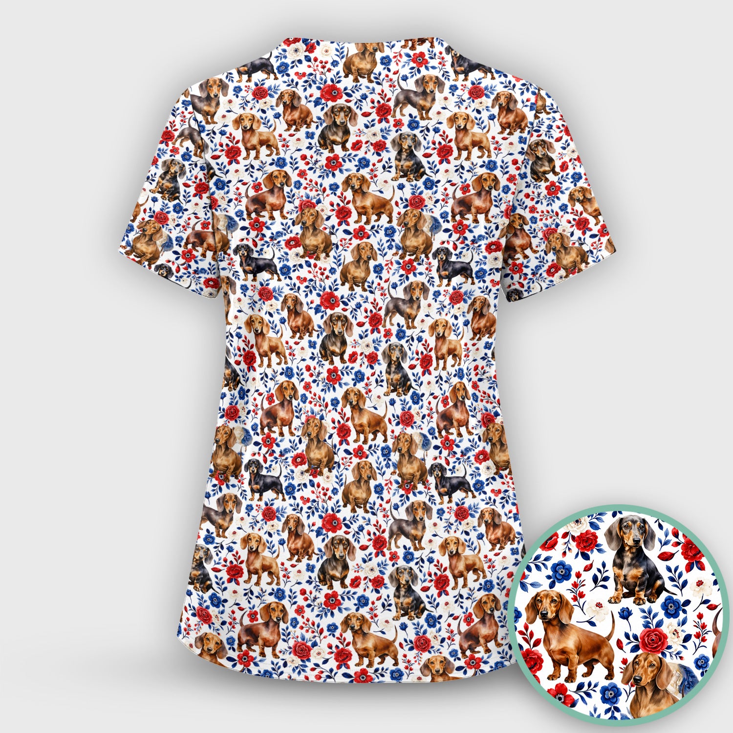 Floral Dachshund Nurse Pattern Scrub Set, Scrub Pants and V Neck Top