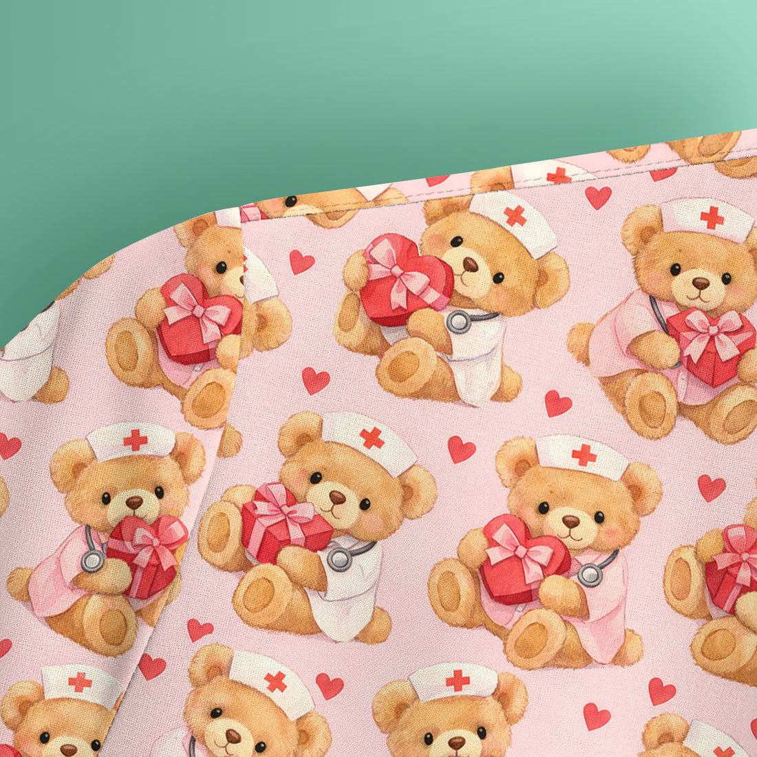 Valentine Teddy Pattern Scrub Top, Bear And Heart Medical Nurse Scrub Shirt, Breathable Fabrics Nursing Uniform
