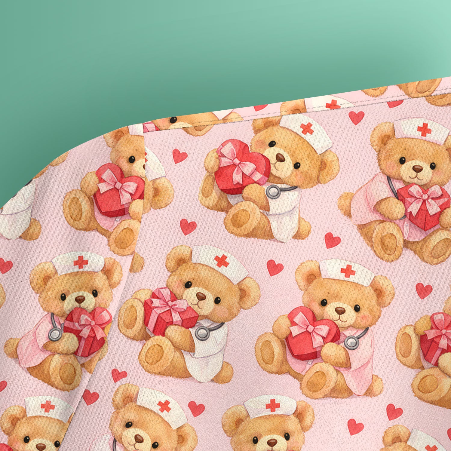 Valentine Teddy Pattern Scrub Top, Bear And Heart Medical Nurse Scrub Shirt, Breathable Fabrics Nursing Uniform