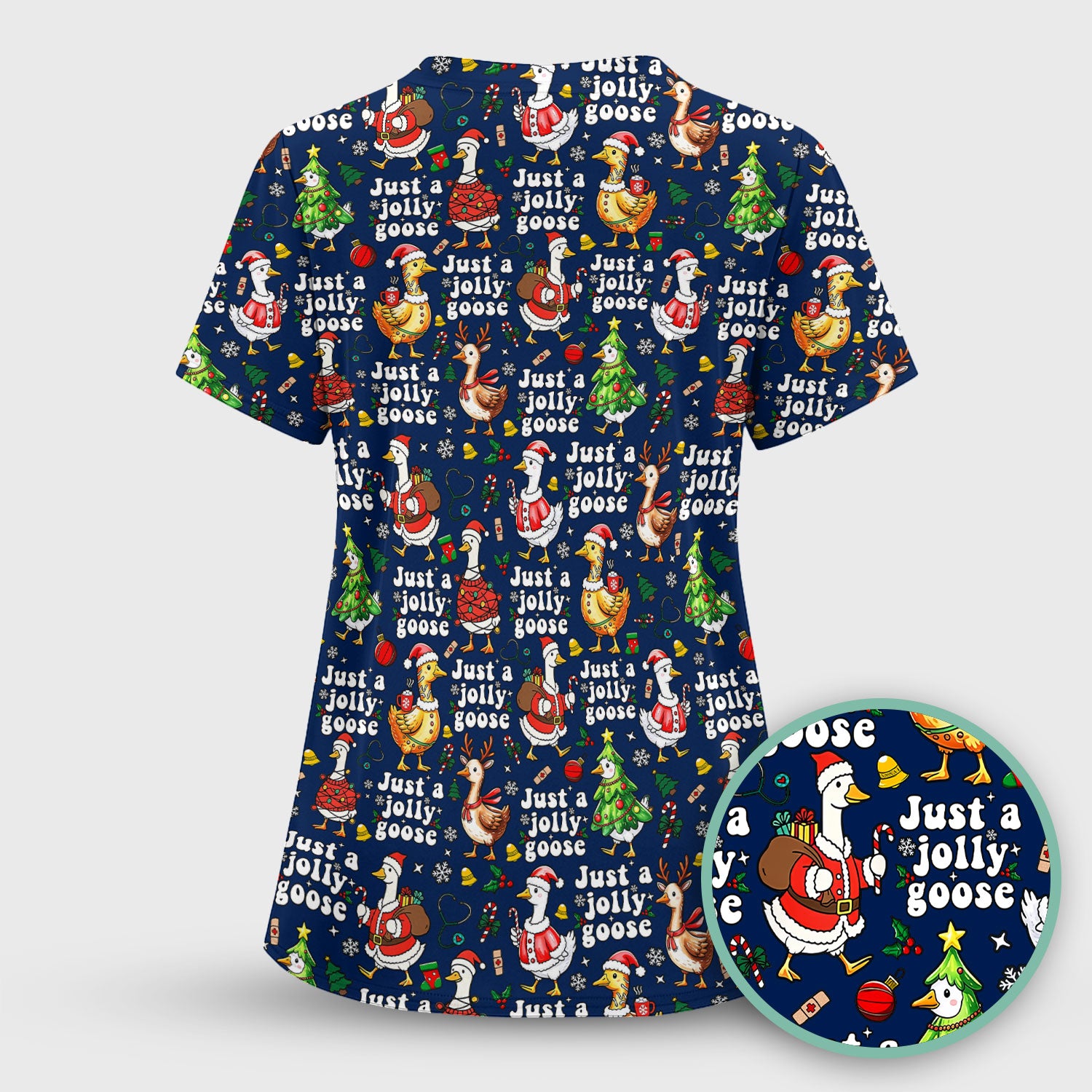 Just a Jolly Goose Funny Christmas Scrub Top - Holiday Medical Uniform for Nurse - Santa Goose Shirt Gift for Women