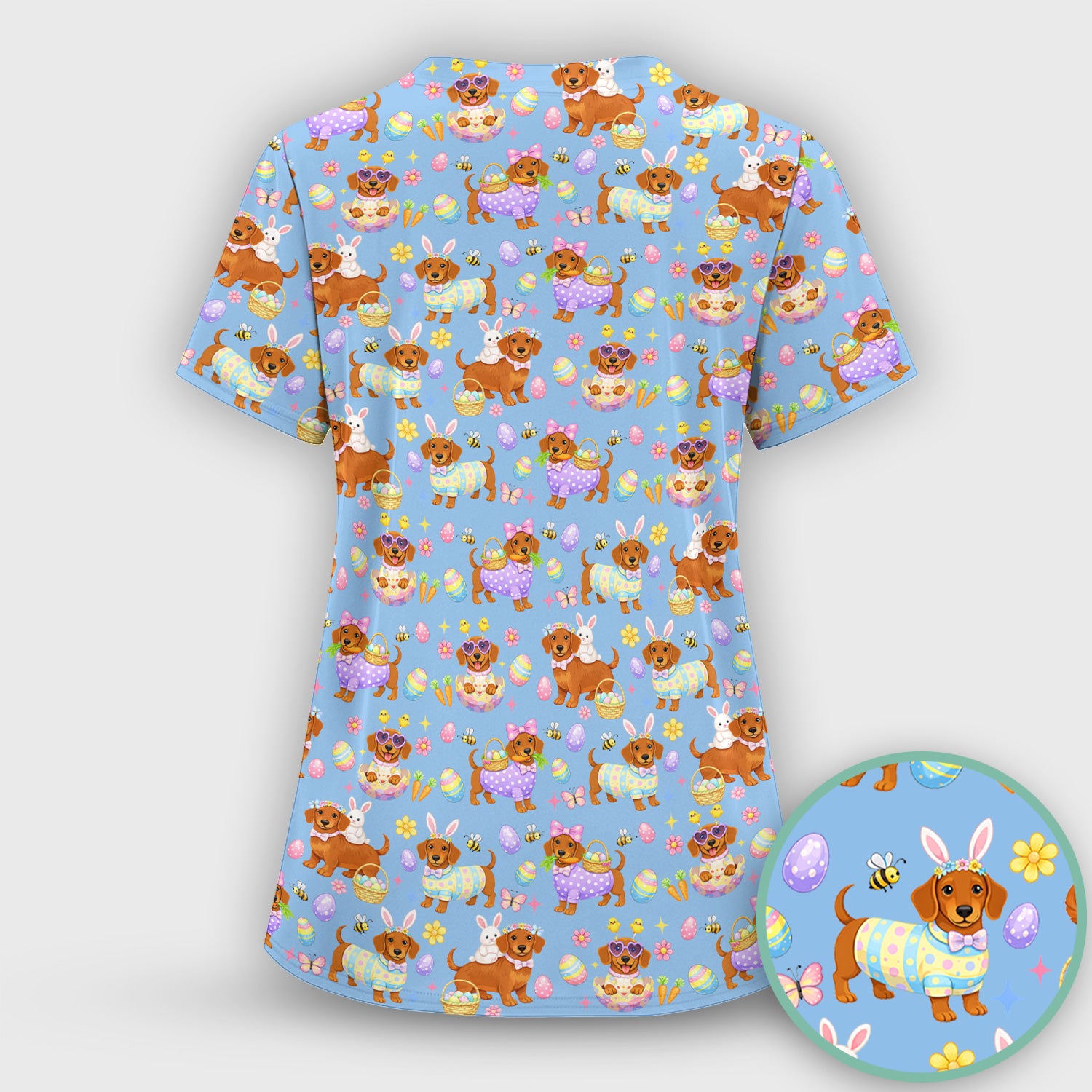 Cute Easter Dachshund Dog Pattern Scrub Top, Breathable Healthcare Uniform Top