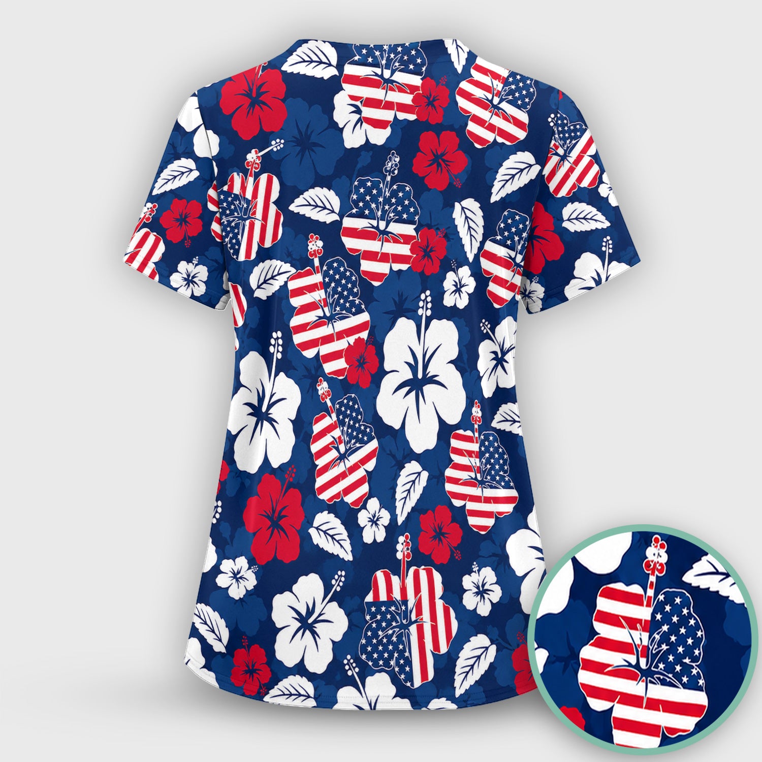 Patriotic Hibiscus Flag Floral Print Scrub Set, Scrub Pants and V Neck Top