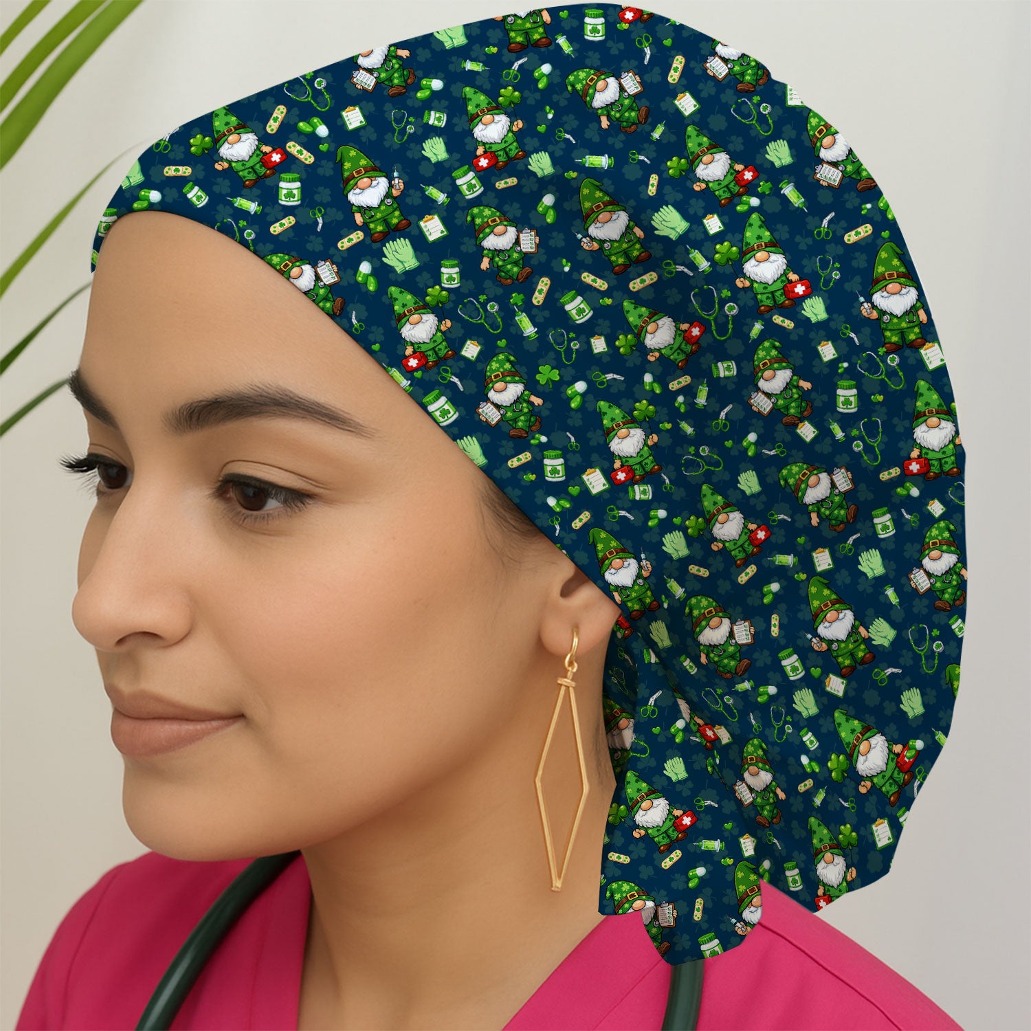 St. Patrick’s Day Nurse Gnome Scrub Cap, Green Lucky Medical Pattern Nurse Hat, Breathable Fabrics Nursing Uniform
