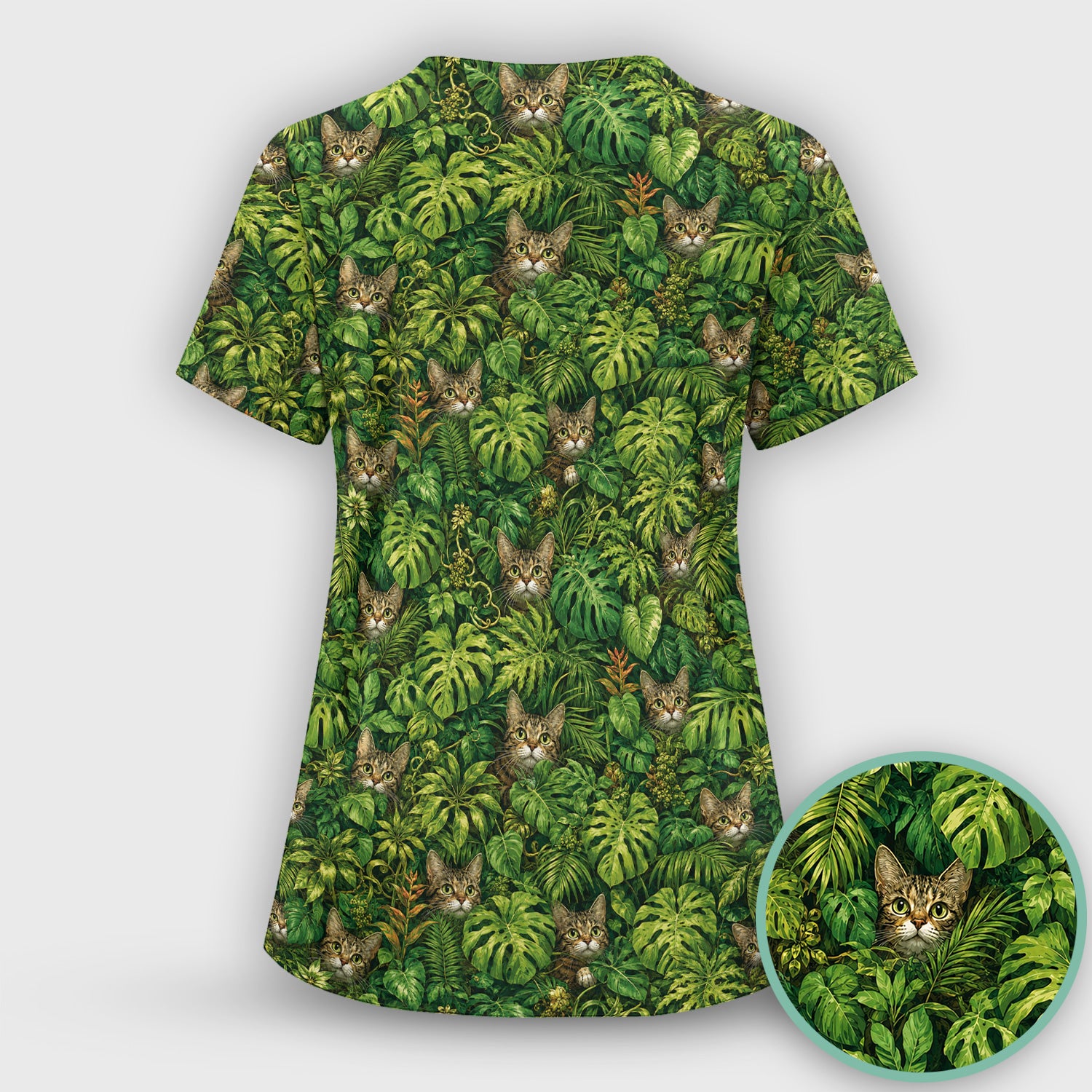 Hidden Jungle Cat Veterinary Nurse Pattern Scrub Top, Comfortable Scrubs for Nurses