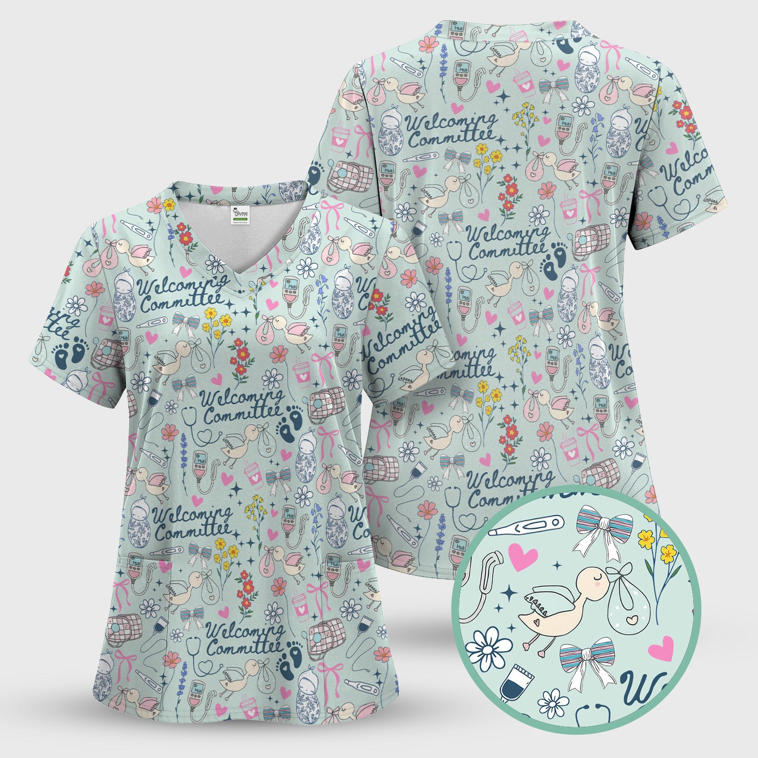 Funny NICU Nurse Tee - Cute Baby Feet & Floral Stork Pattern Graphic - Gift for Women RN LPN