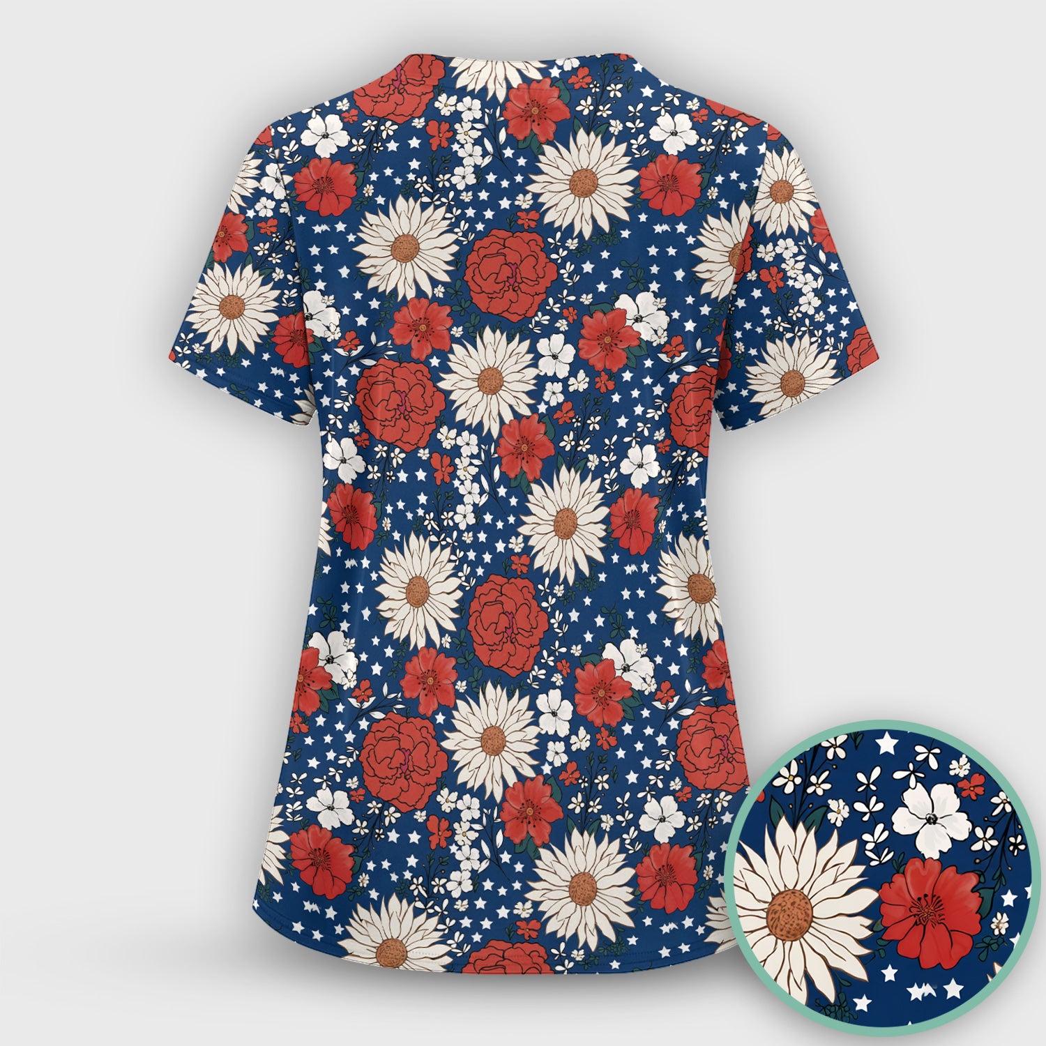 Red White Blue Floral Pattern Scrub Top, Comfortable Scrubs for Nurses