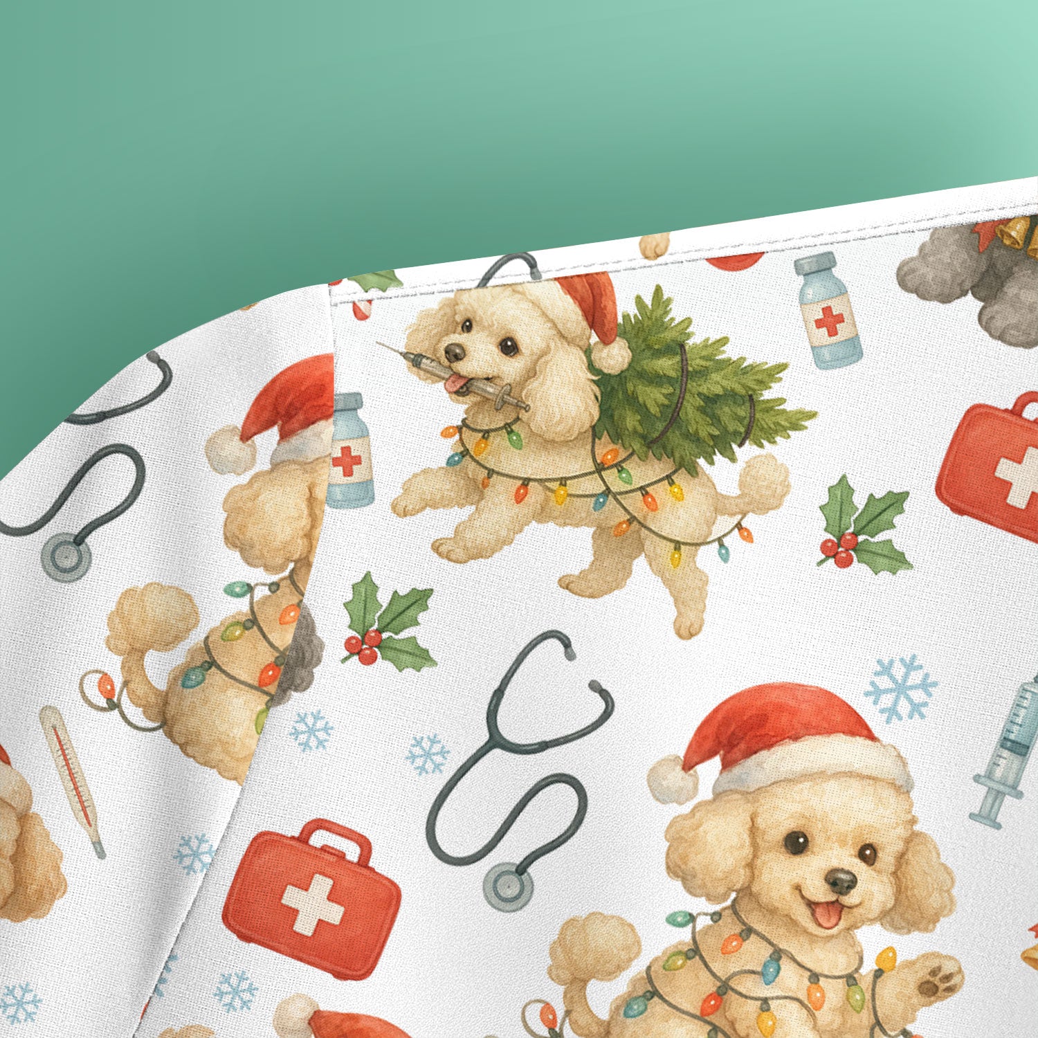 Cute Christmas Dog Scrub Top - Puppy Nurse Shirt Santa Hat Print - Holiday Medical Scrubs Gift for Women CNA RN Doctor