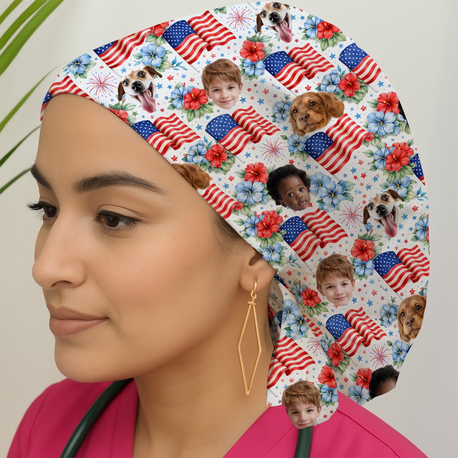 Custom Photo Patriotic Kids & Pet Faces Flag Nurse Scrub Cap, Surgical Caps for Doctors