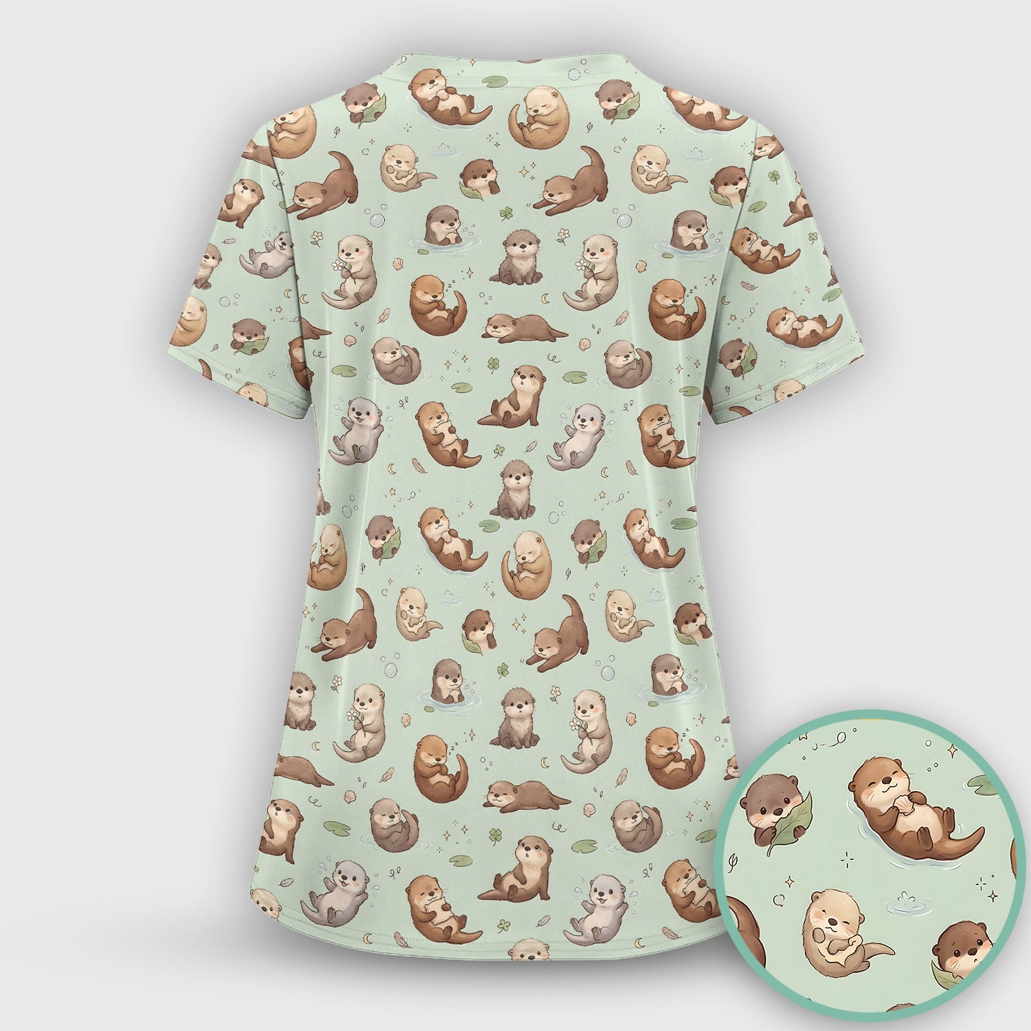 Cute Otter Pattern Scrub Top, Comfortable Scrubs for Nurses