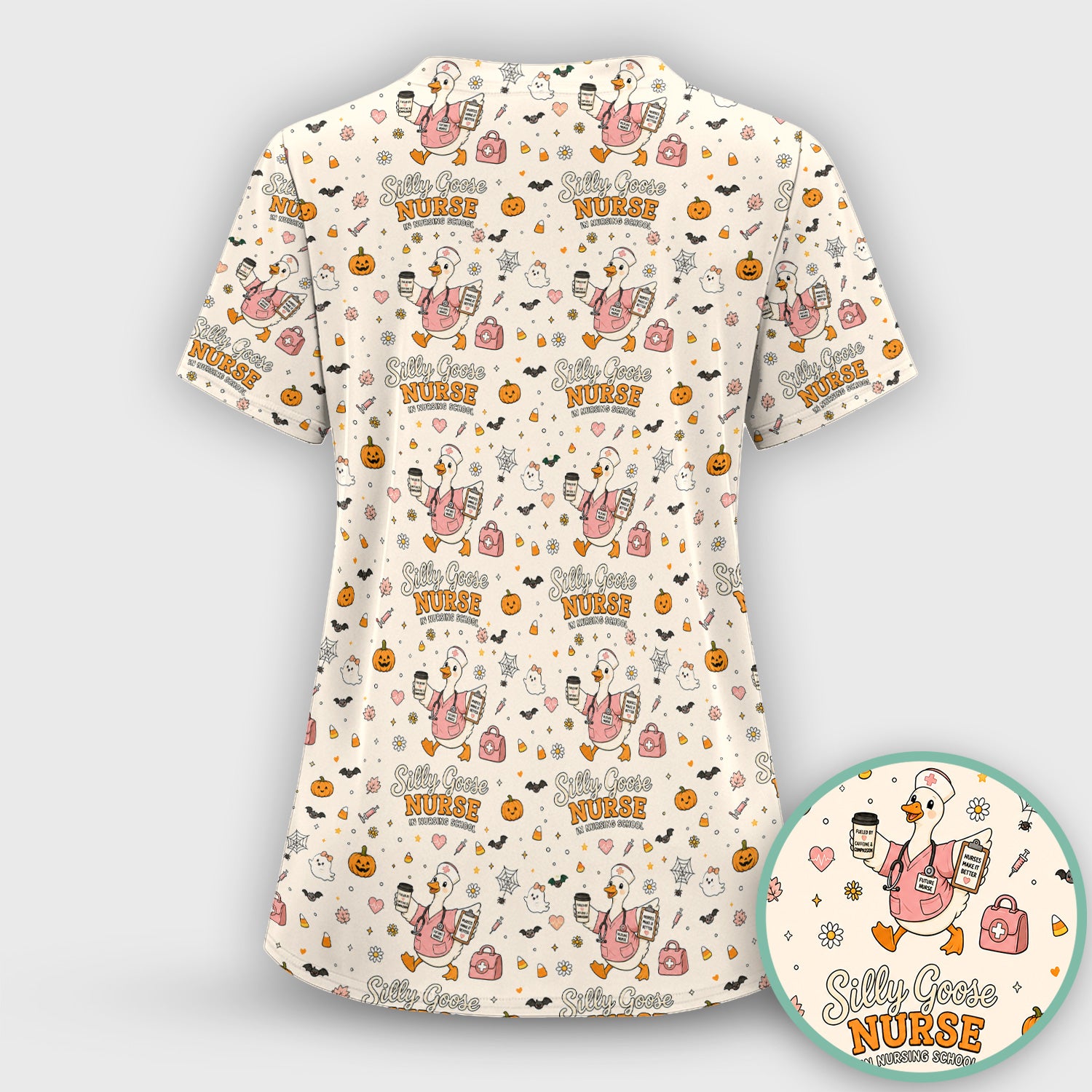 Funny Halloween Silly Goose Pattern Scrub Set, Scrub Pants and V Neck Top