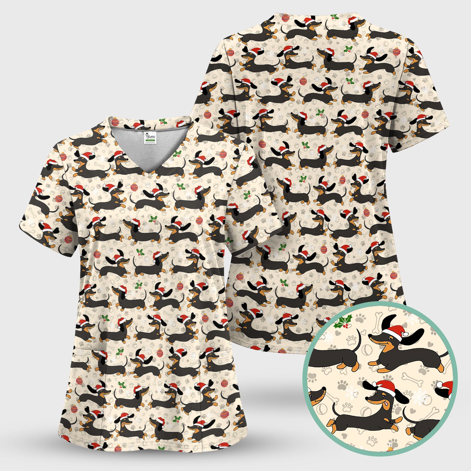 Christmas Wiener Dog Scrub Top - Cute Dachshund in Santa Hat - Funny Holiday Nurse Shirt for Women RN LPN CNA Medical Gift