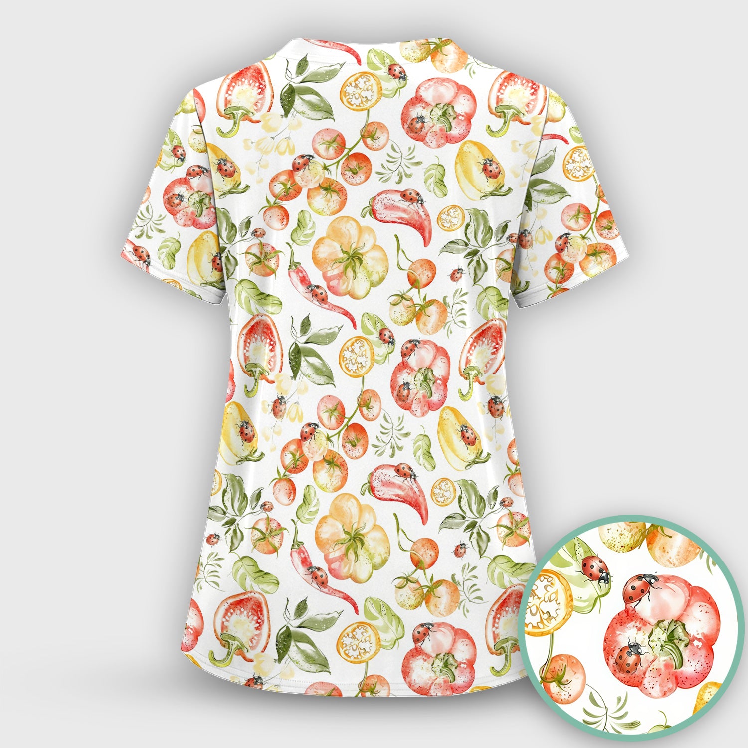 Cute Watercolor Veggie Ladybug Pattern Scrub Top, Comfortable Scrubs for Nurses