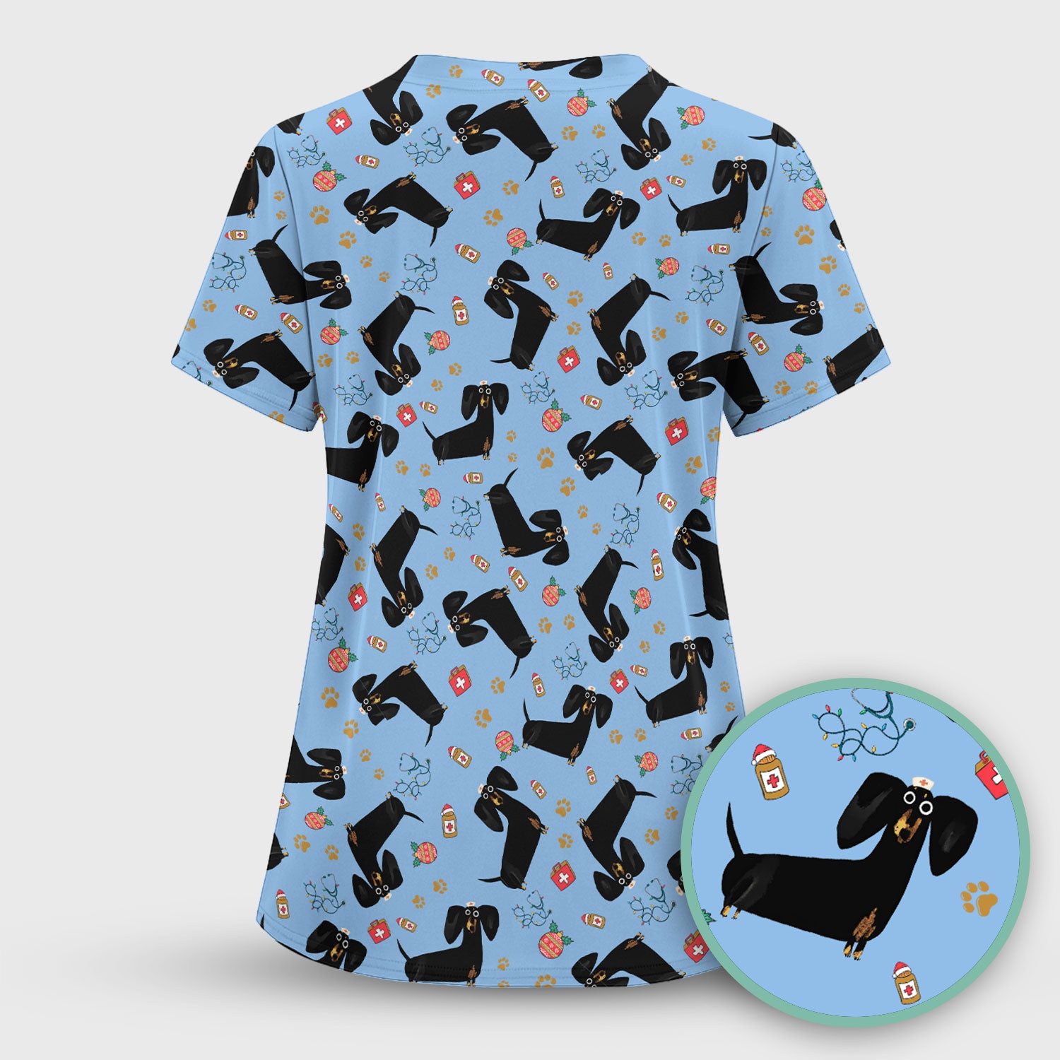 Funny Black Dachshund Scrub Top for Nurses - Cute Wiener Dog Medical Shirt - Puppy Lover Nursing Gift for Women