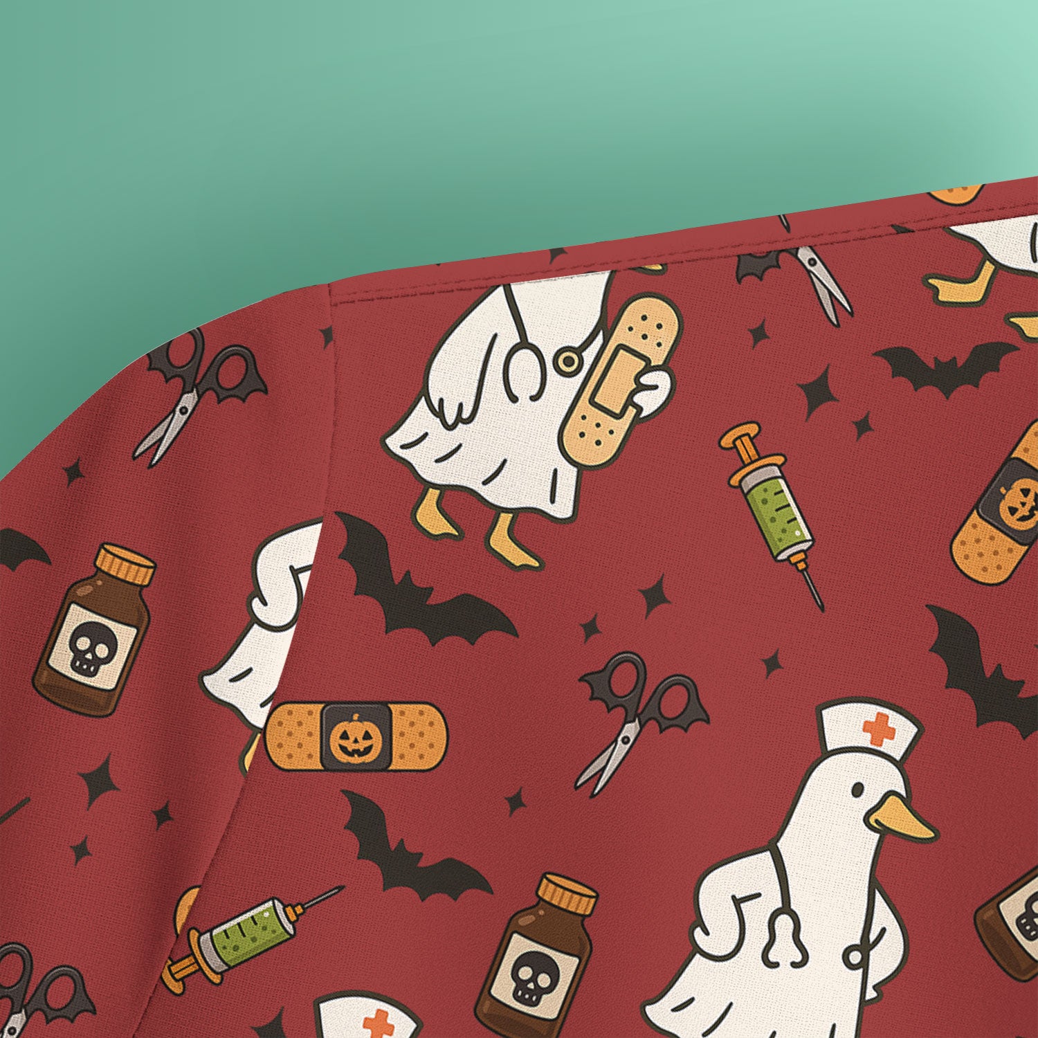 Cute Duck Pattern Nurse Scrub Top - Funny Goose Halloween Medical Design - Playful Spooky Nursing Shirt for RN LPN CNA Women