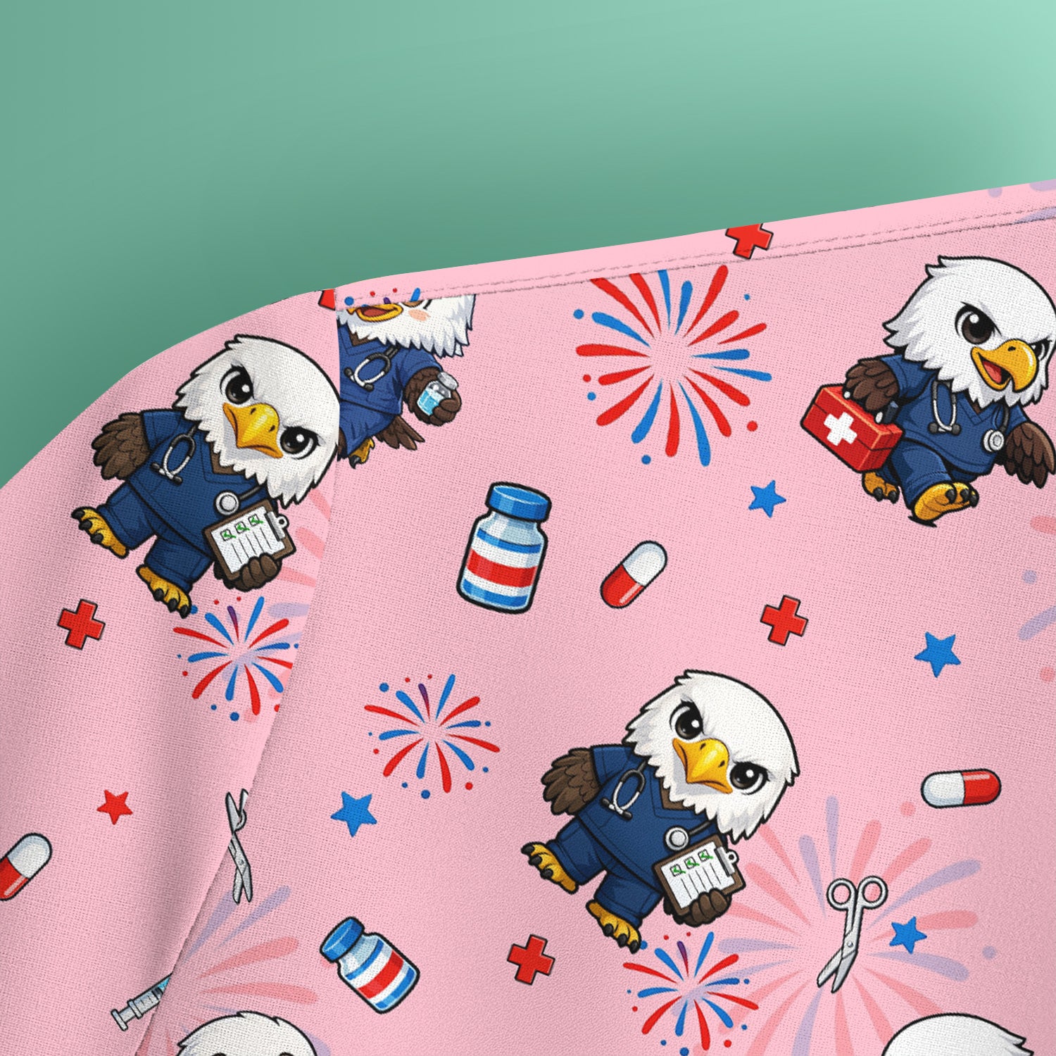 Patriotic Nurse Eagle Fireworks Medical Pattern Scrub Top, Breathable Fabrics Nursing Uniform